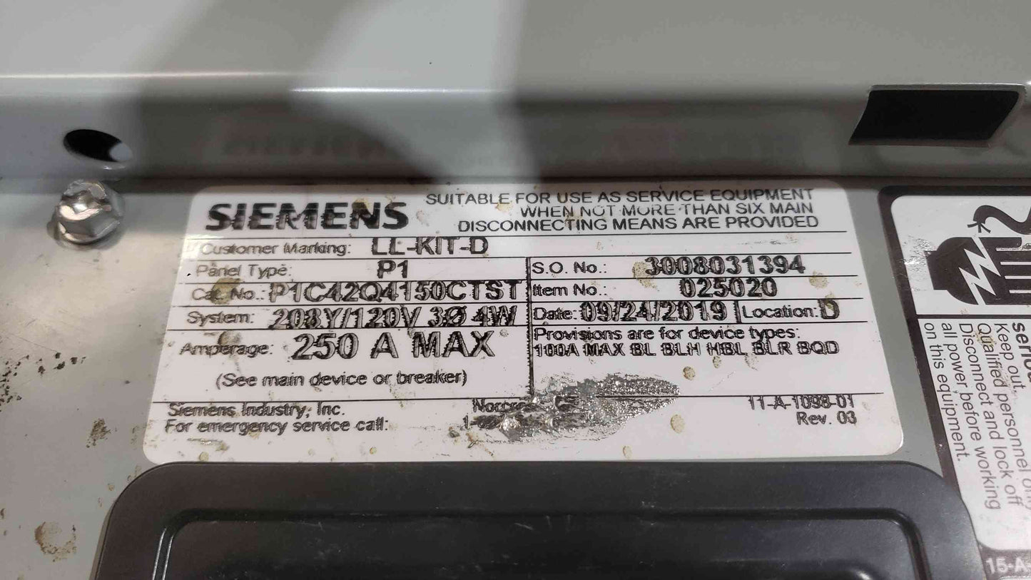 Siemens P1C42FX250CTST Complete Panelboard 250A 42-Cir w/ 250A Main Box & Trim (SKU: 112653)
