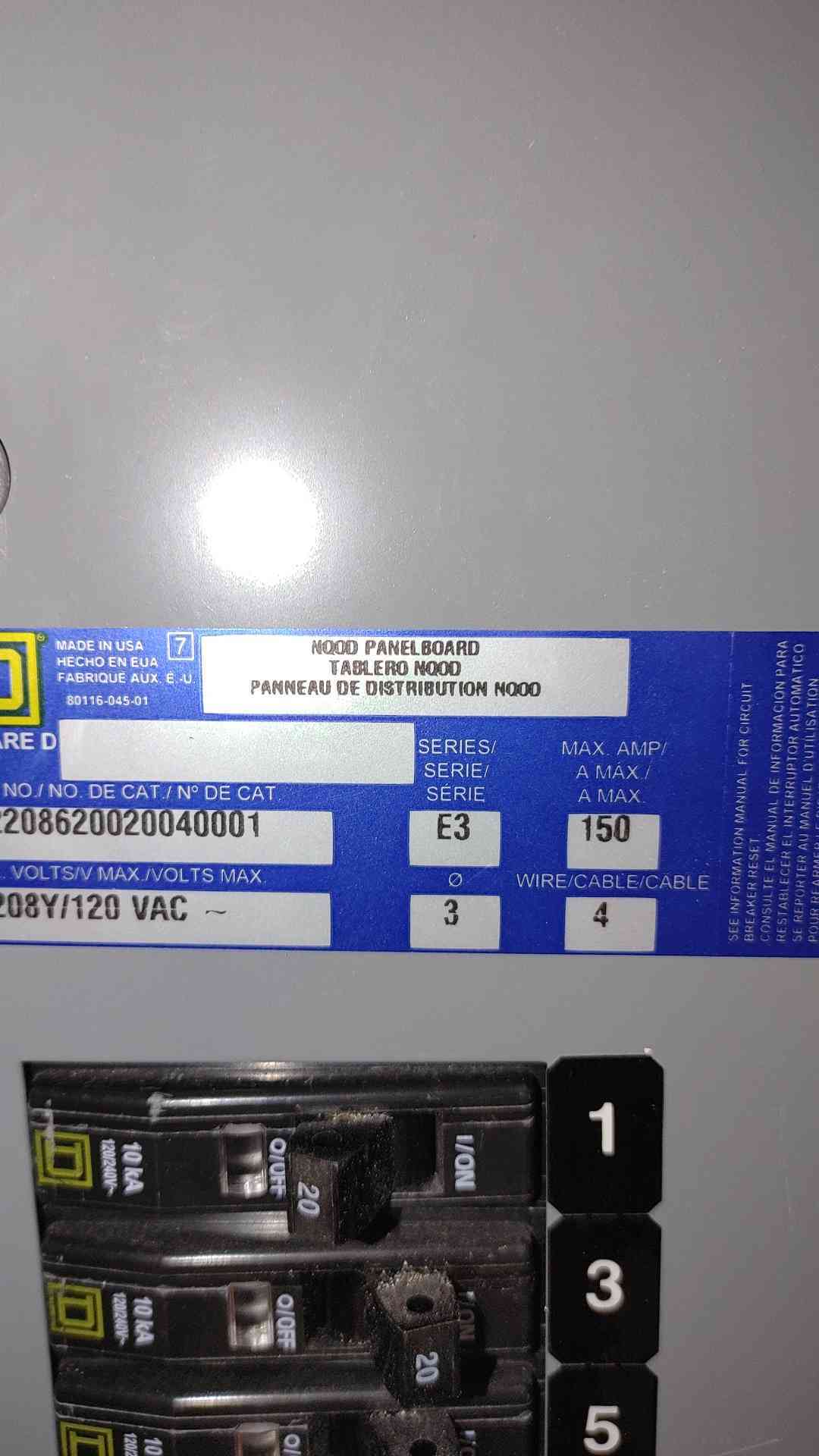 Square D NQOD 150 Amp 208Y/120V 3-Phase 42-Circuit Main Breaker Panelboard w/ Breakers & Main (SKU: 112718)