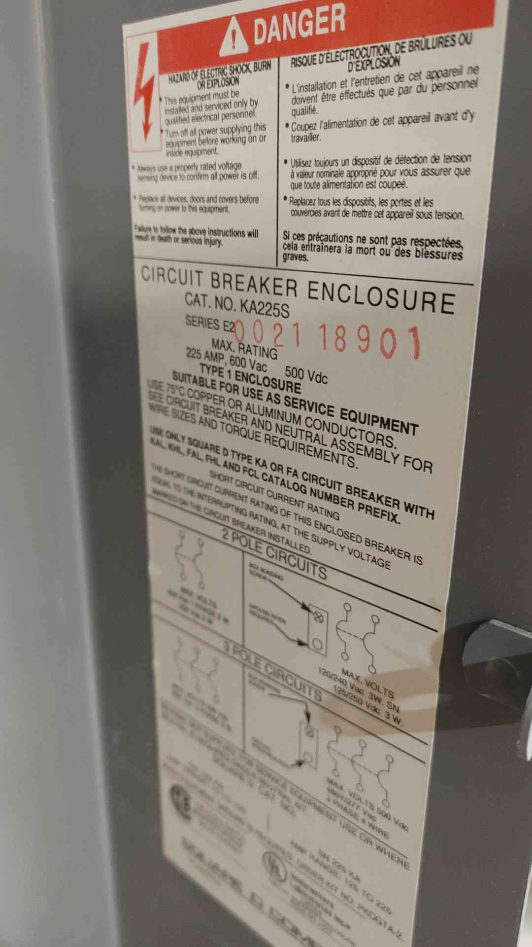 Square D 225A max, 600Vac, 500Vdc Enclosed Circuit Breaker KA225S(SKU: 112721)