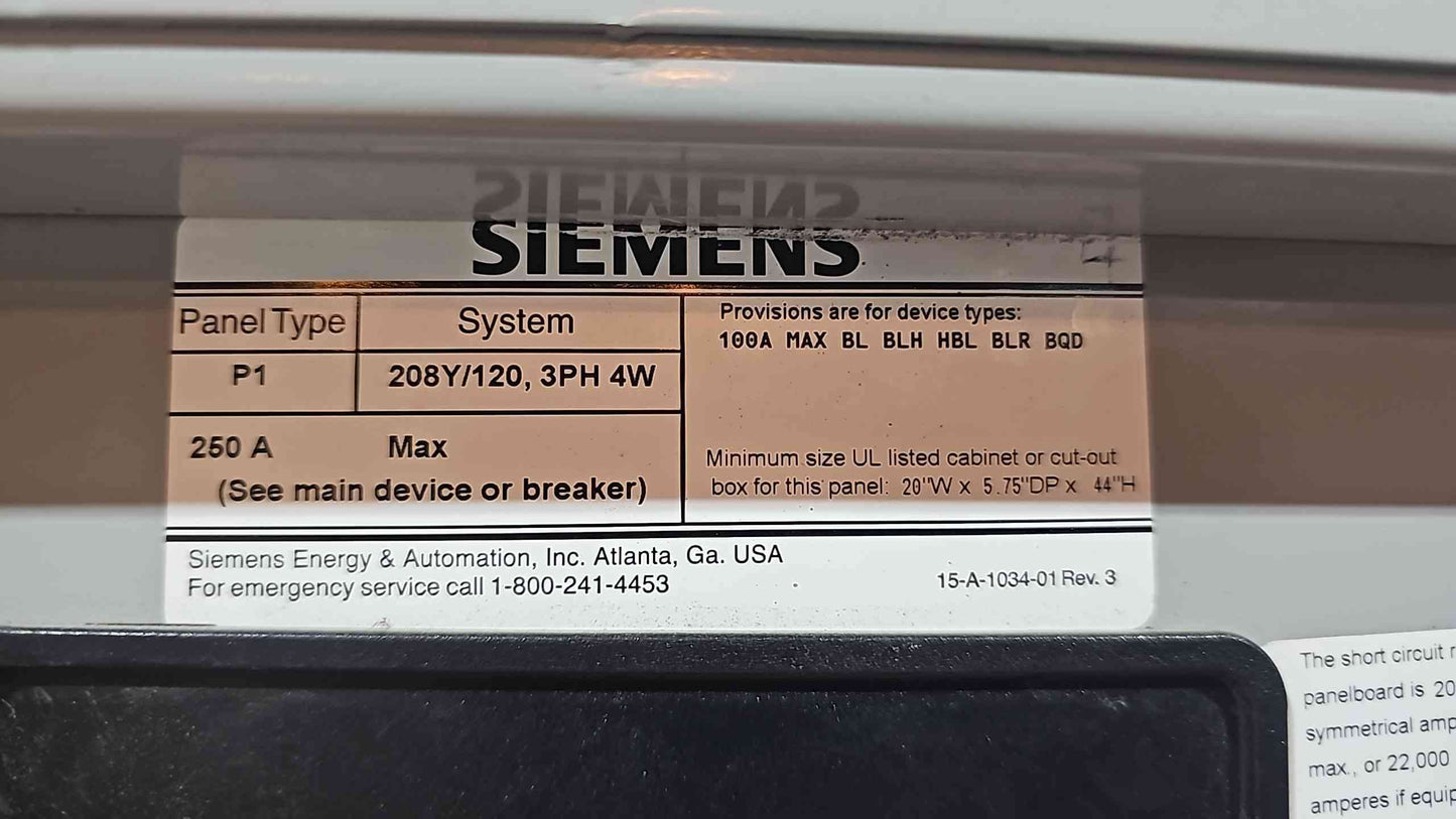 75KVA Hammond Transformer 480v x 208/120v Switchboard w/ 2 Integrated Siemens 250A 120/208v Panelboards (112754).