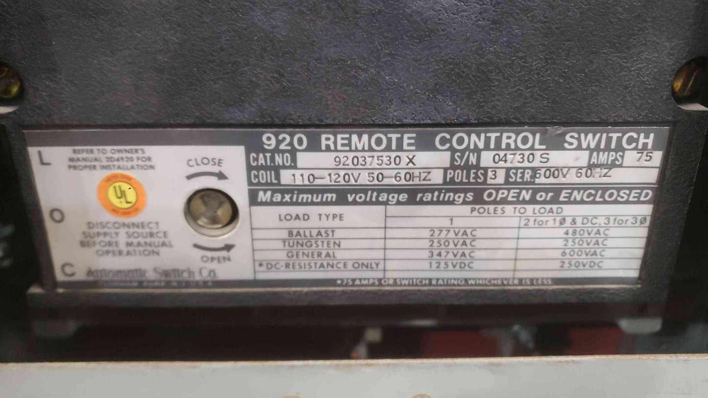 Gould I-TE CDP Series 7 Panelboard 208/120V 3PH 75A w/ ASCO 920 Remote Control Switch 92037530X (SKU: 112779)