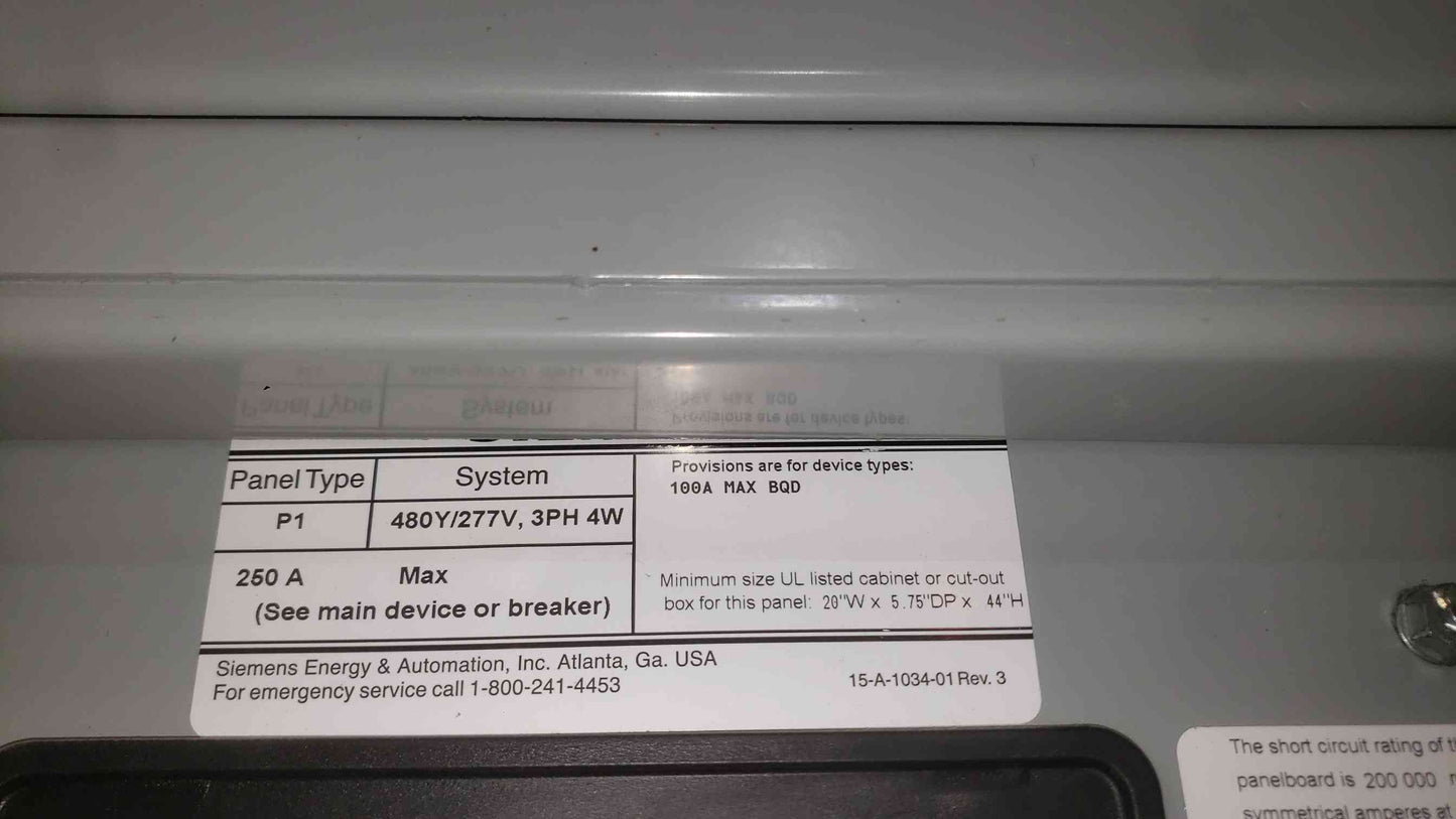 Siemens SB3 480V 3PH Switchboard 45kVA Transformer P1 Panelboard NGB Breakers (SKU: 112758)
