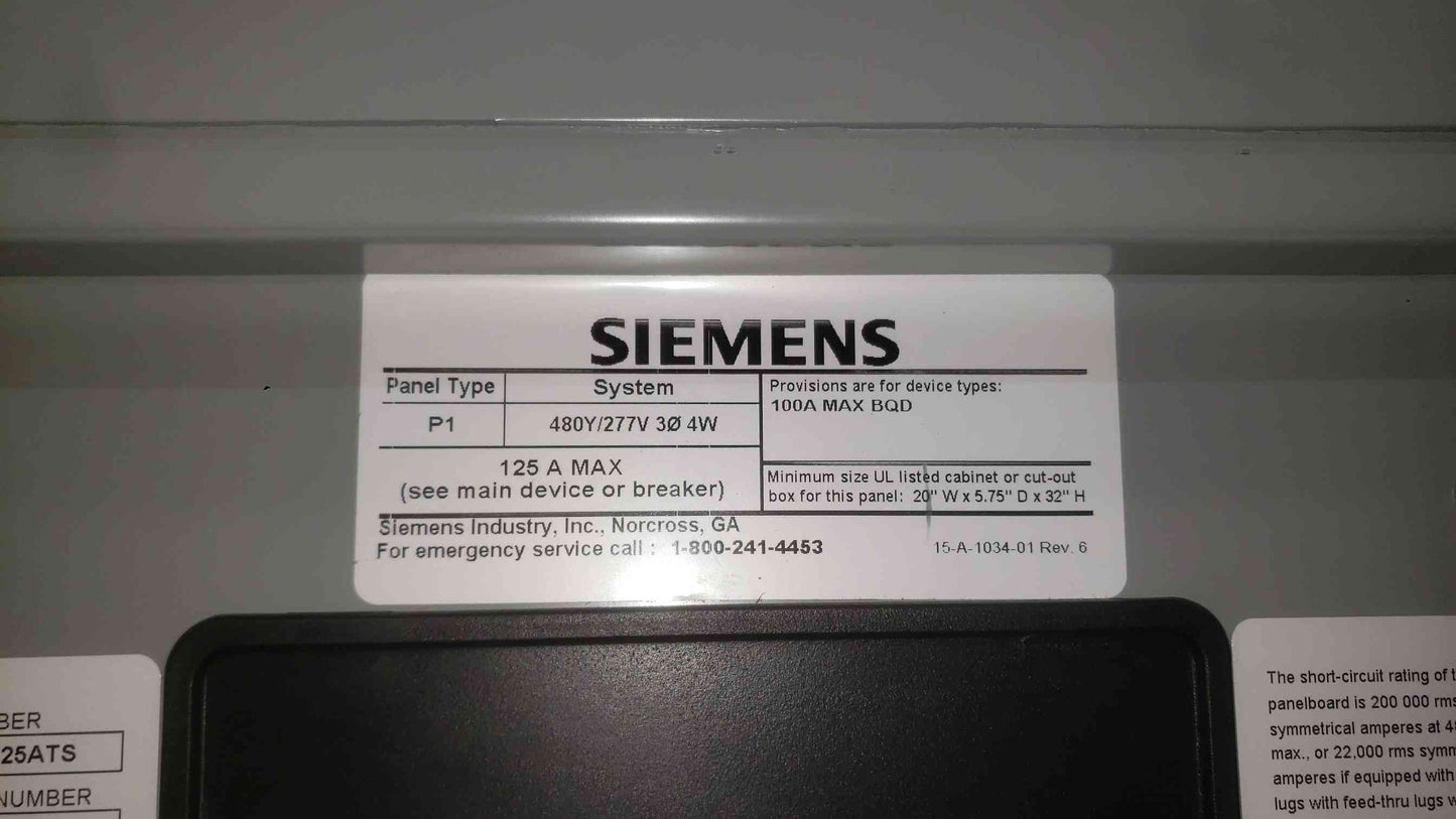 Siemens P1E18ML125ATS P1 Panelboard 480Y/277V 3PH 125A 18-Circuit Main Lug 3-Pole BQD (SKU: 112788)