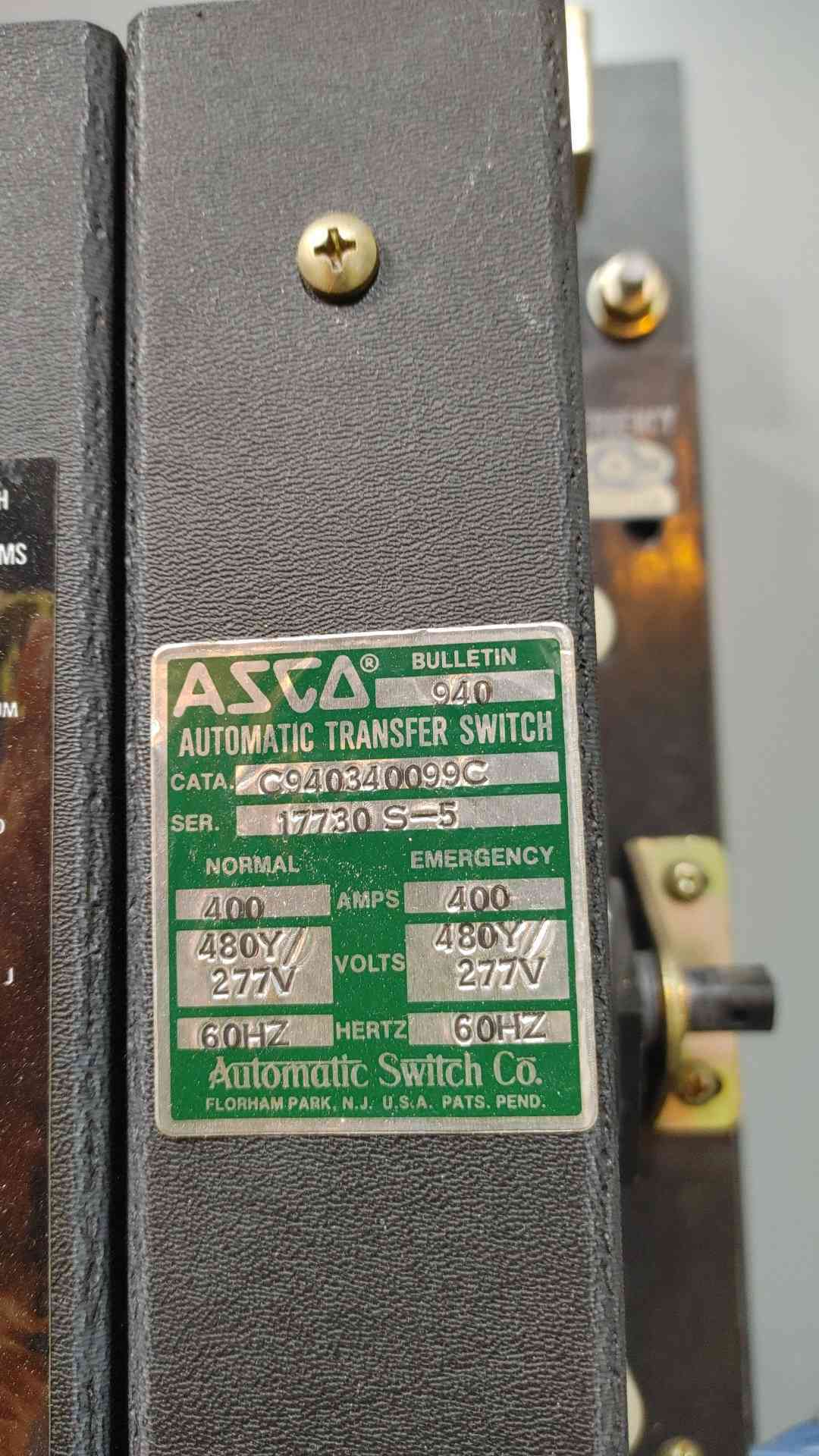 ASCO 400A 480V 3PH Automatic Transfer Switch ATS Bulletin 940 C940340099C