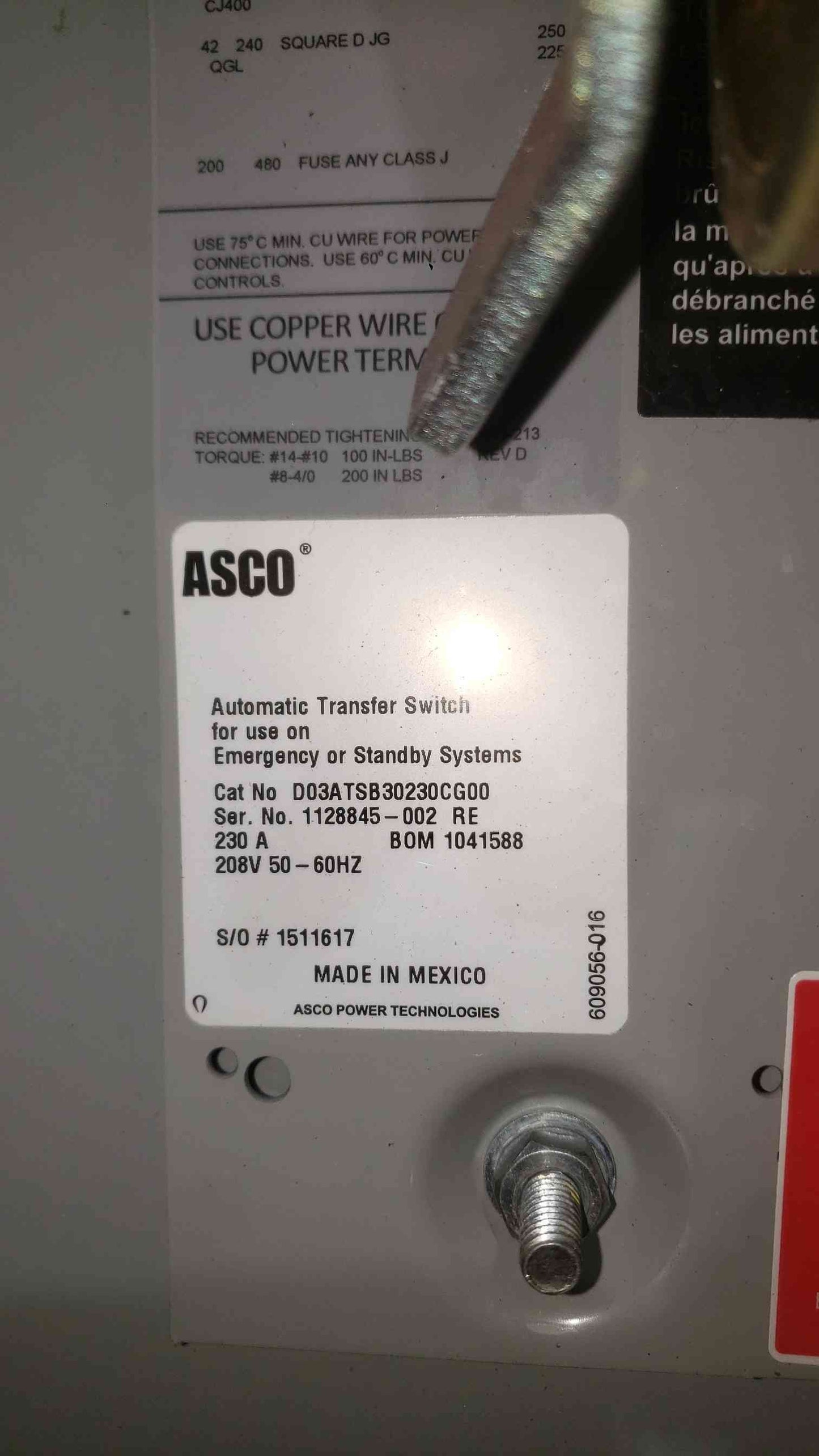 ASCO 300 Series Automatic Transfer Switch 230A 3-Phase 208V D03ATSB30230CG00 ATS (SKU: 112832)