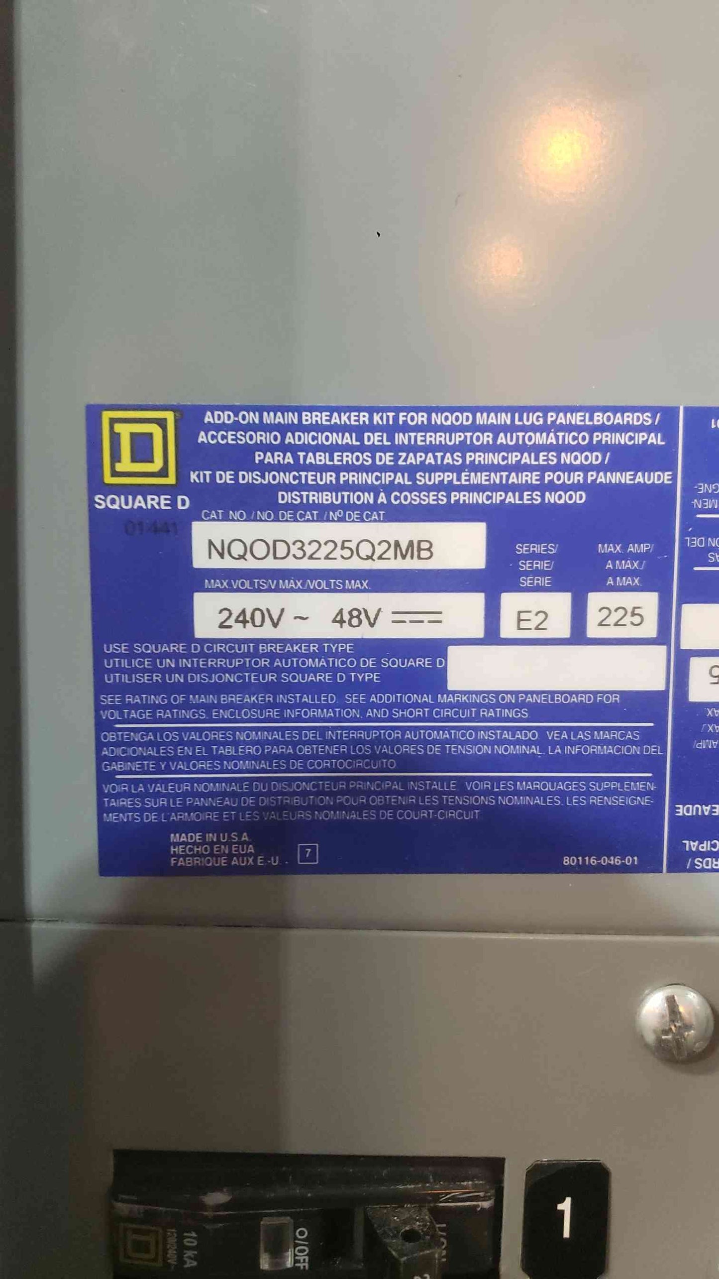 Square D NQOD 225A Panelboard 120/208V 3-Phase 42-Cir Copper Bus w/ QJL Main Breaker Kit (SKU: 113114)