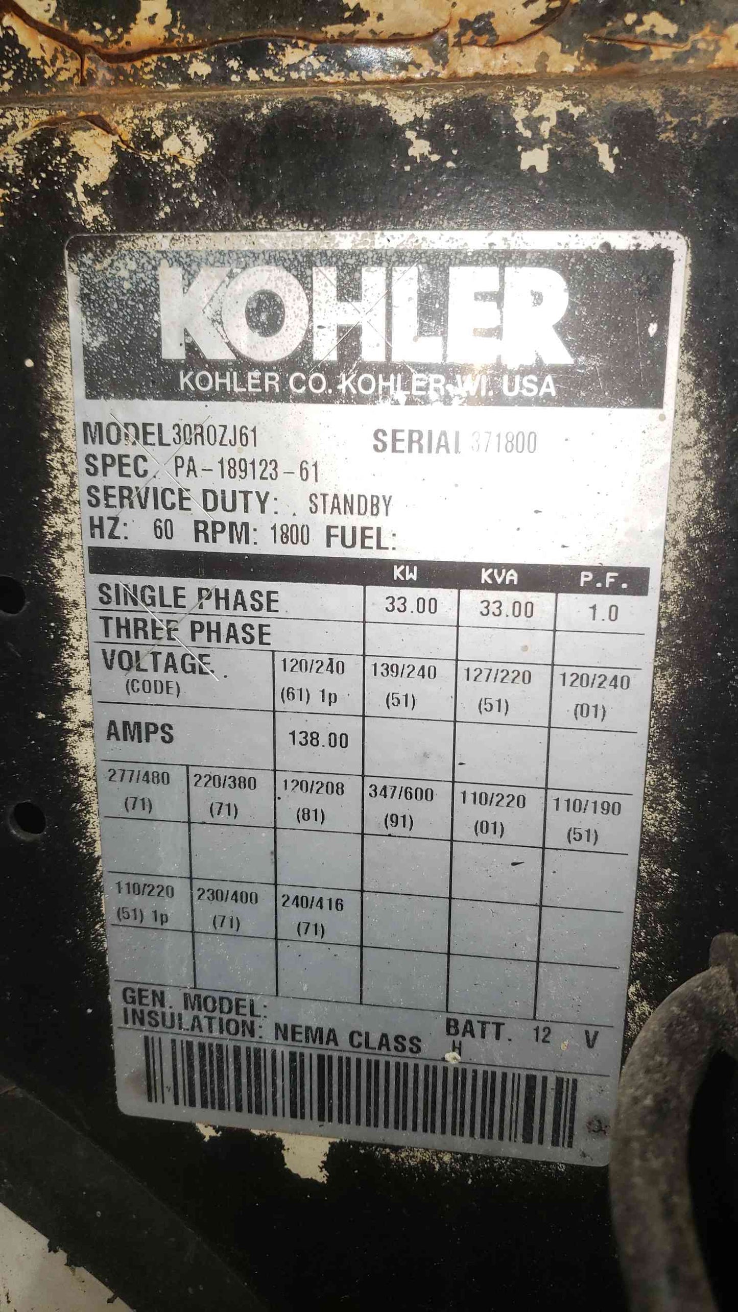 Kohler 30kW Diesel Generator John Deere 30ROZJ61 33kW 1PH/3PH 1536Hrs Enclosure TESTED (SKU: 113187)