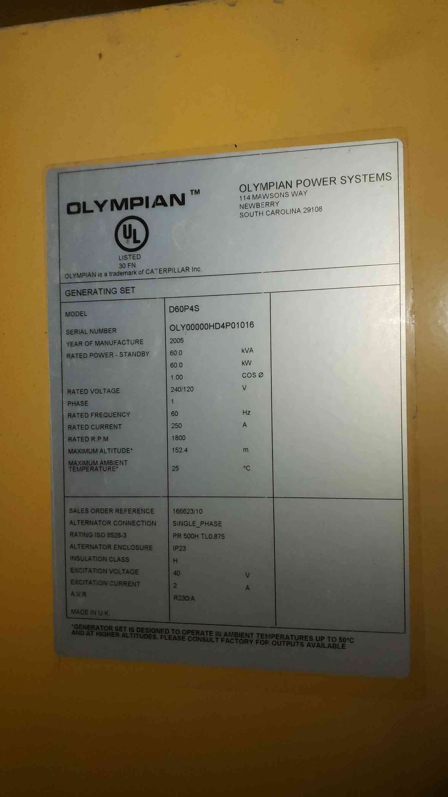 Caterpillar Olympian D60P4S 60kW Diesel Generator - Single Phase 120/240V Enclosed 532 Hrs TESTED (SKU: 113310)