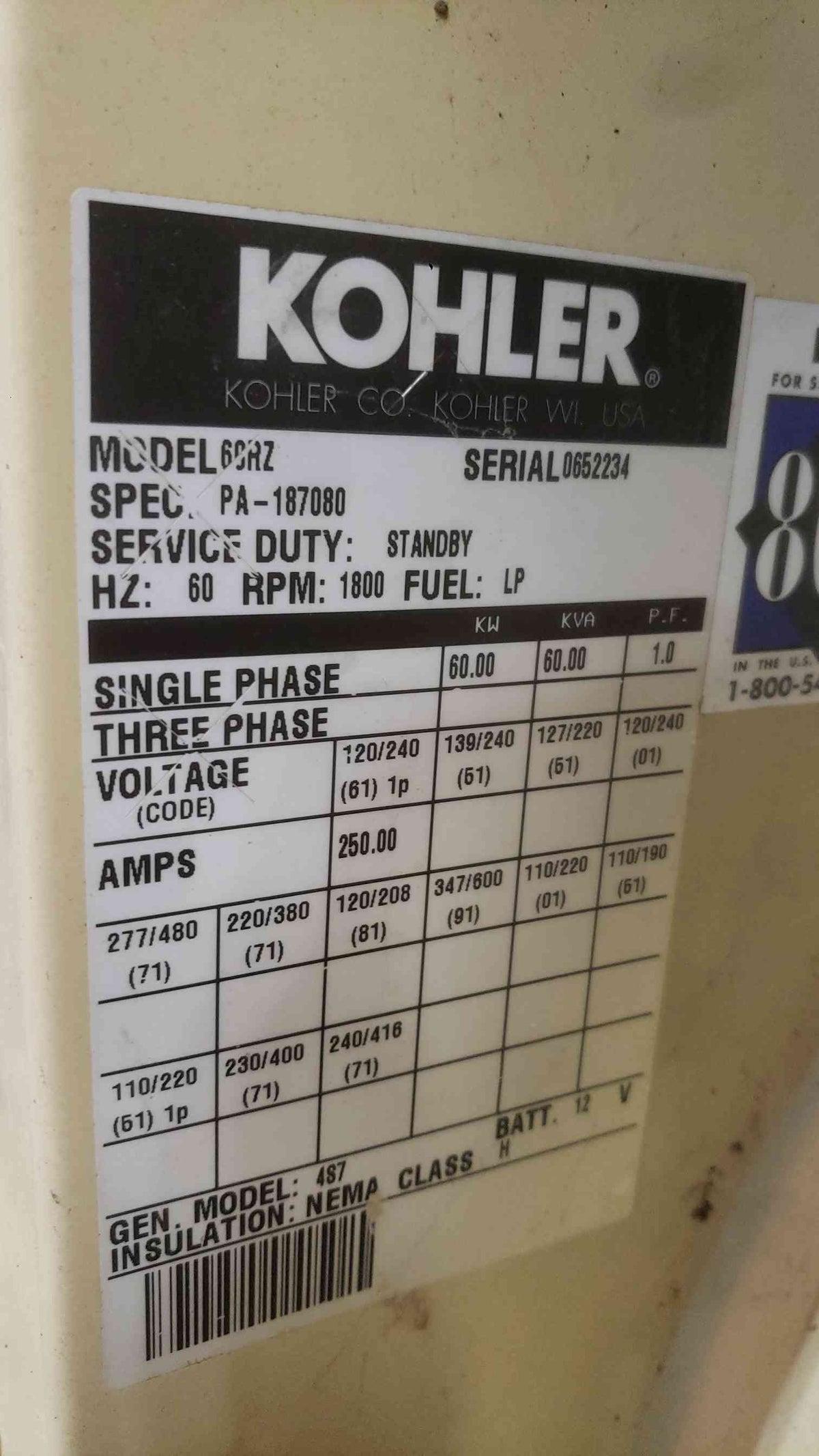 Kohler 60RZ 60 kW LP Propane Standby Generator Ford 7.5L 1274hrs Enclosed