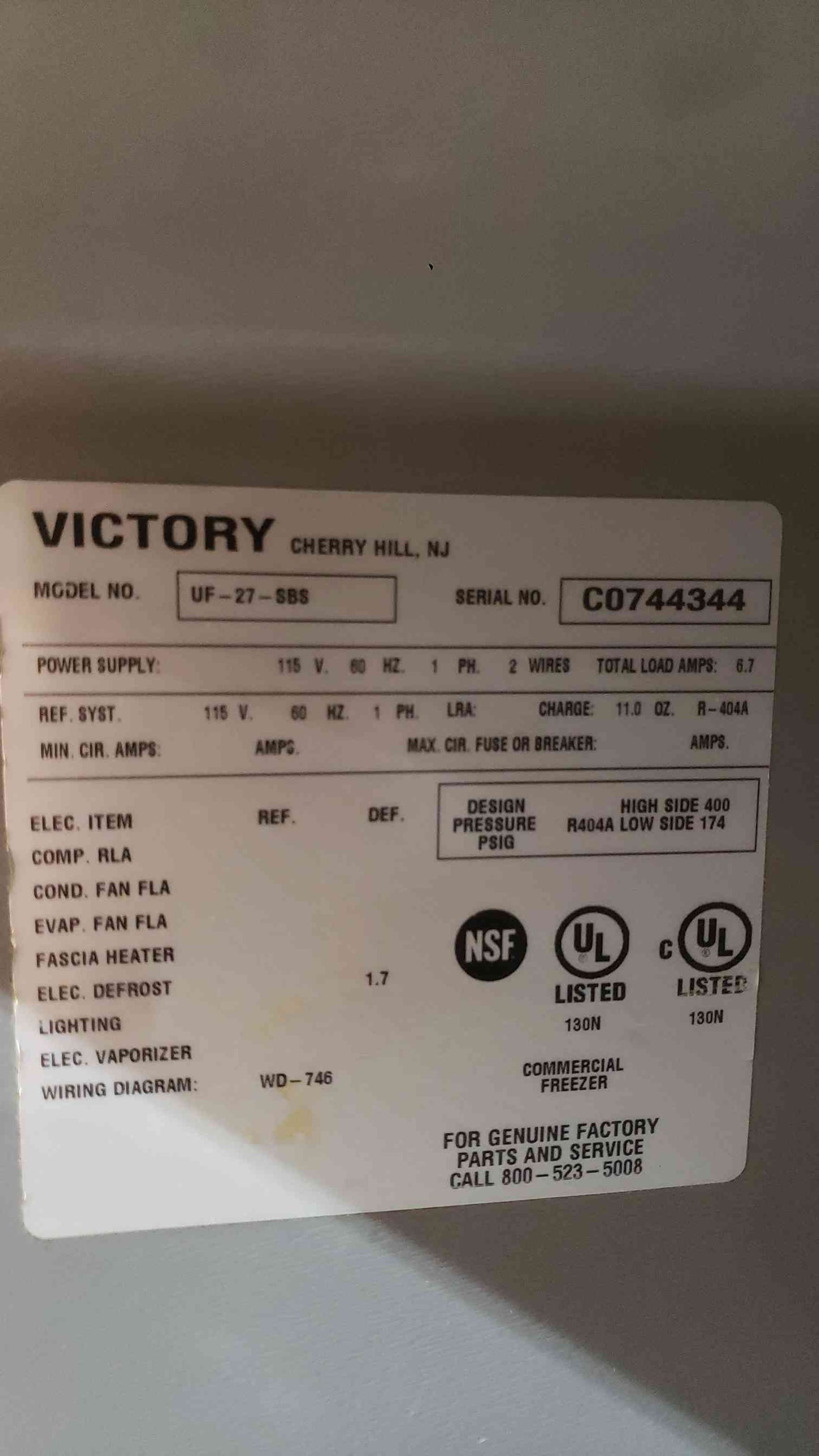 Victory 115V 1PH UF-27-888 Stainless Steel Under-counter Freezer (SKU: 113213)