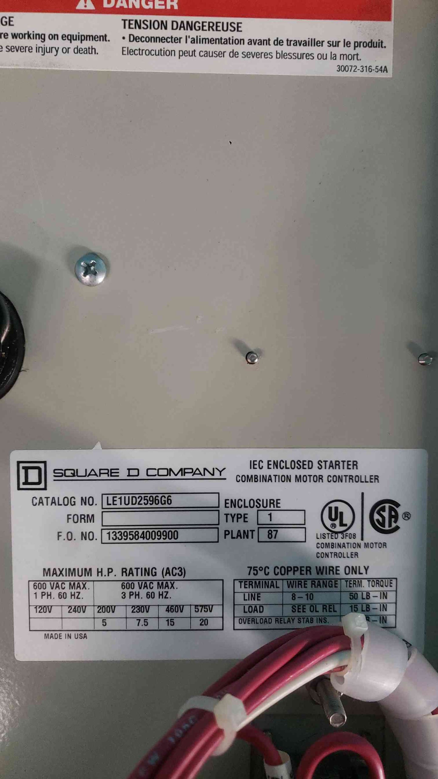 Square D LE1UD2596G6 IEC Enclosed Starter Combination Motor Controller 600V