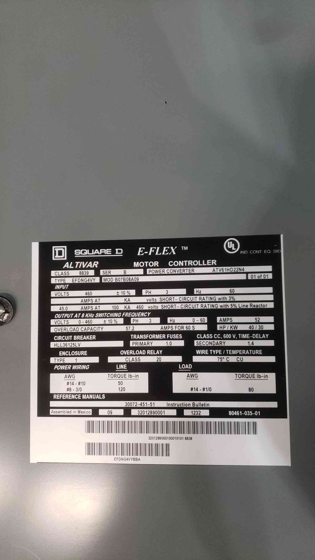 Square D E-Flex 30 HP VFD 480V 3 Phase Altivar 61 ATV61HD22N4 Enclosed Drive Class