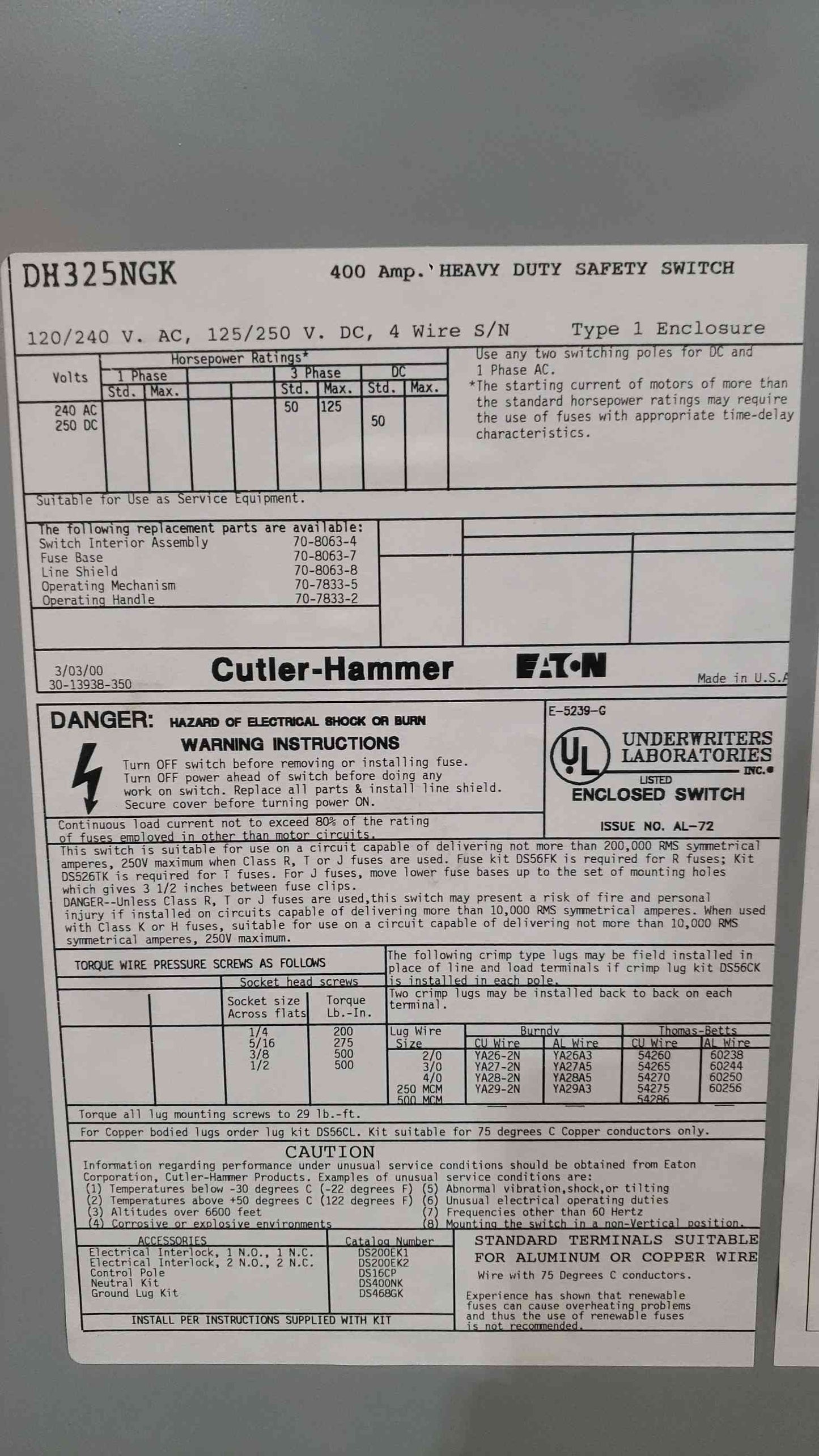 Cutler-Hammer DH325NGK Heavy Duty Fused Safety Disconnect Switch 400A 240V 3P