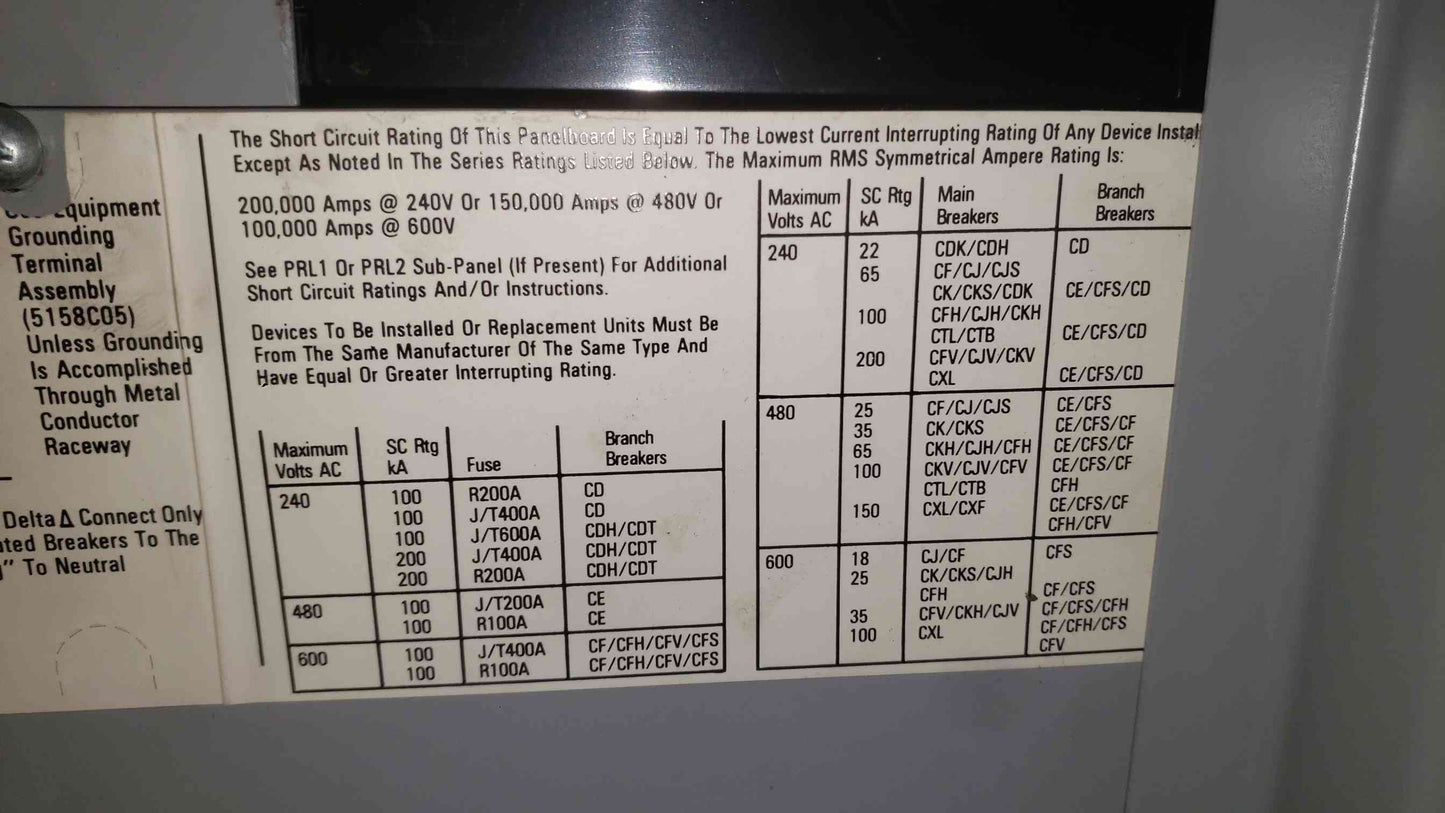 Eaton Westinghouse PRL3 400A Panelboard 208Y/120V 3PH with 400A 150A 100A Breakers