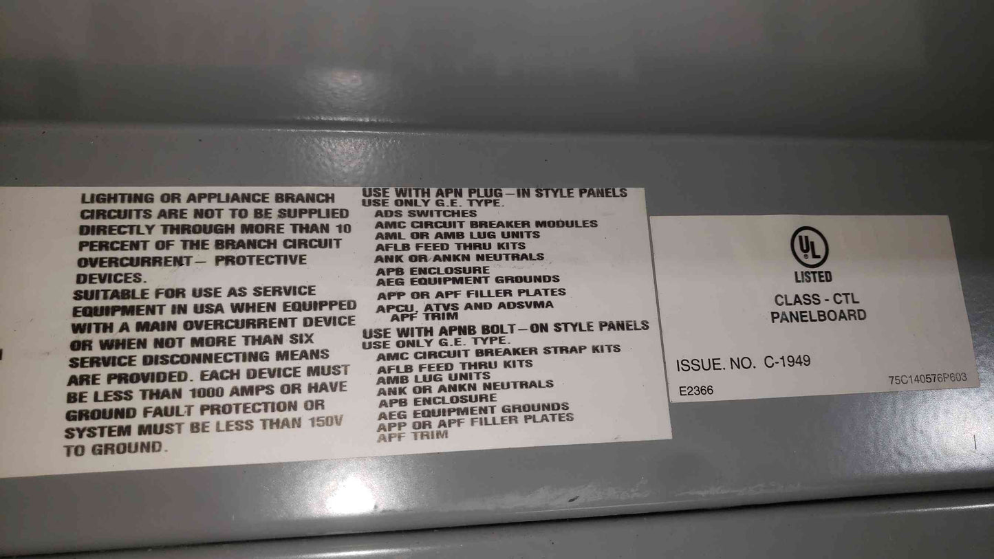 GE Spectra Panelboard APN 600A 208Y/120V 3PH 6x 20A 2x 100A Breakers