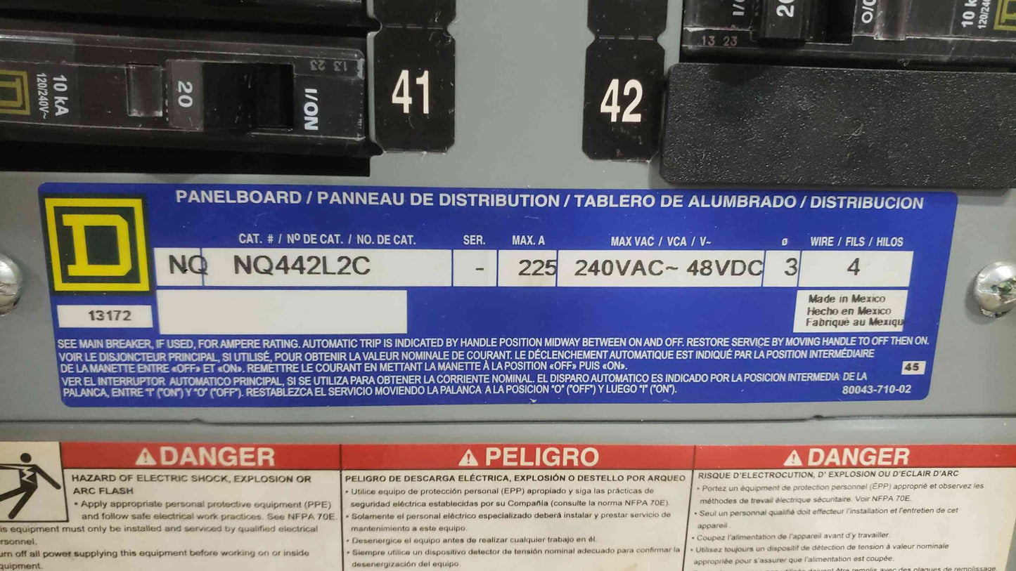 Square D NQ 3 Phase Panelboard 225A Main Breaker 39x 20A QOB 1-Pole NQ442L2C 208V