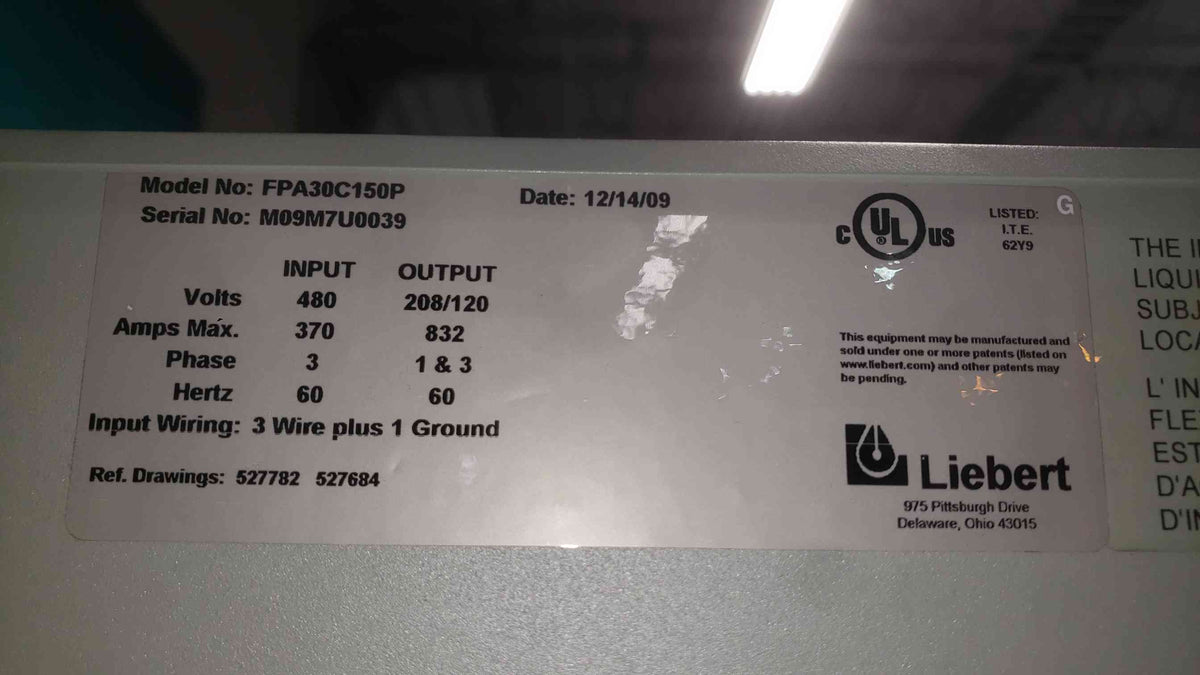 Liebert FPC 150kVA Power Distribution Unit PDU FPA30C150P 480V 208V 120V Square D