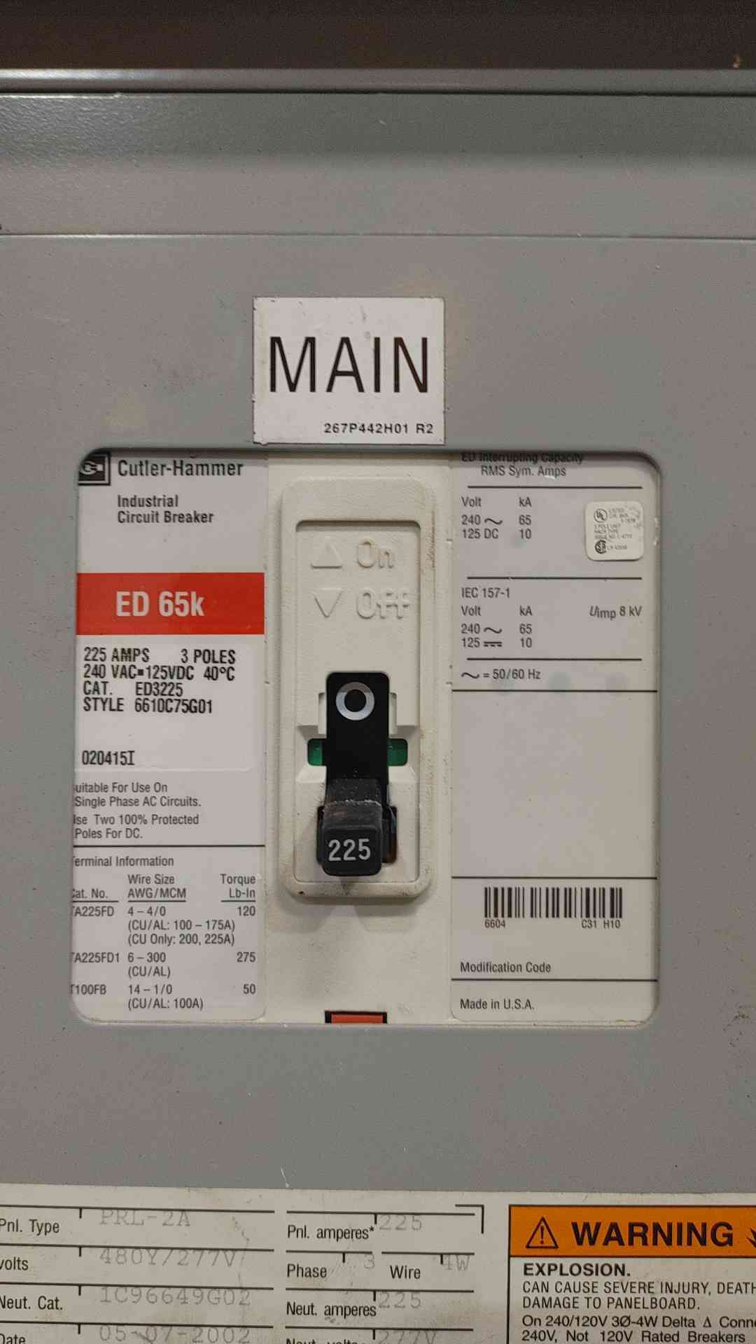 Cutler-Hammer PRL2A 225A Main 480Y/277V 3 Phase 42 Ckt Lighting Panelboard Loaded