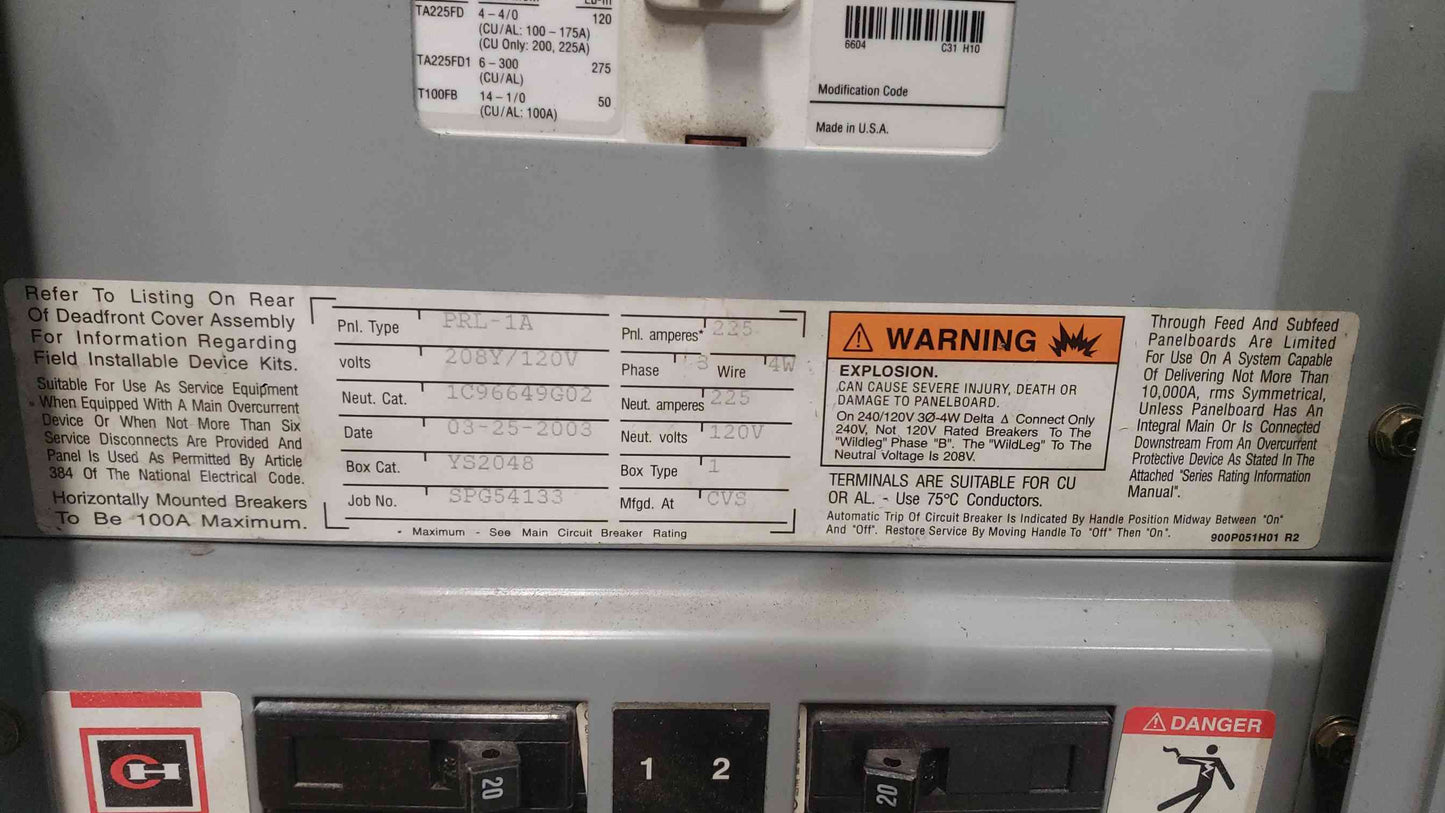 Eaton Cutler Hammer PRL1a 3 Phase Panelboard 200A Main ED3200 35x 20A 7x 15A 225A