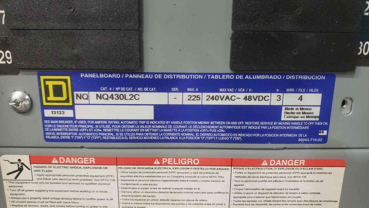 Square D NQ 3 Phase Panelboard 225A Max 200A Main 2x 100A 60A 3-Pole QOB NQ430L2C