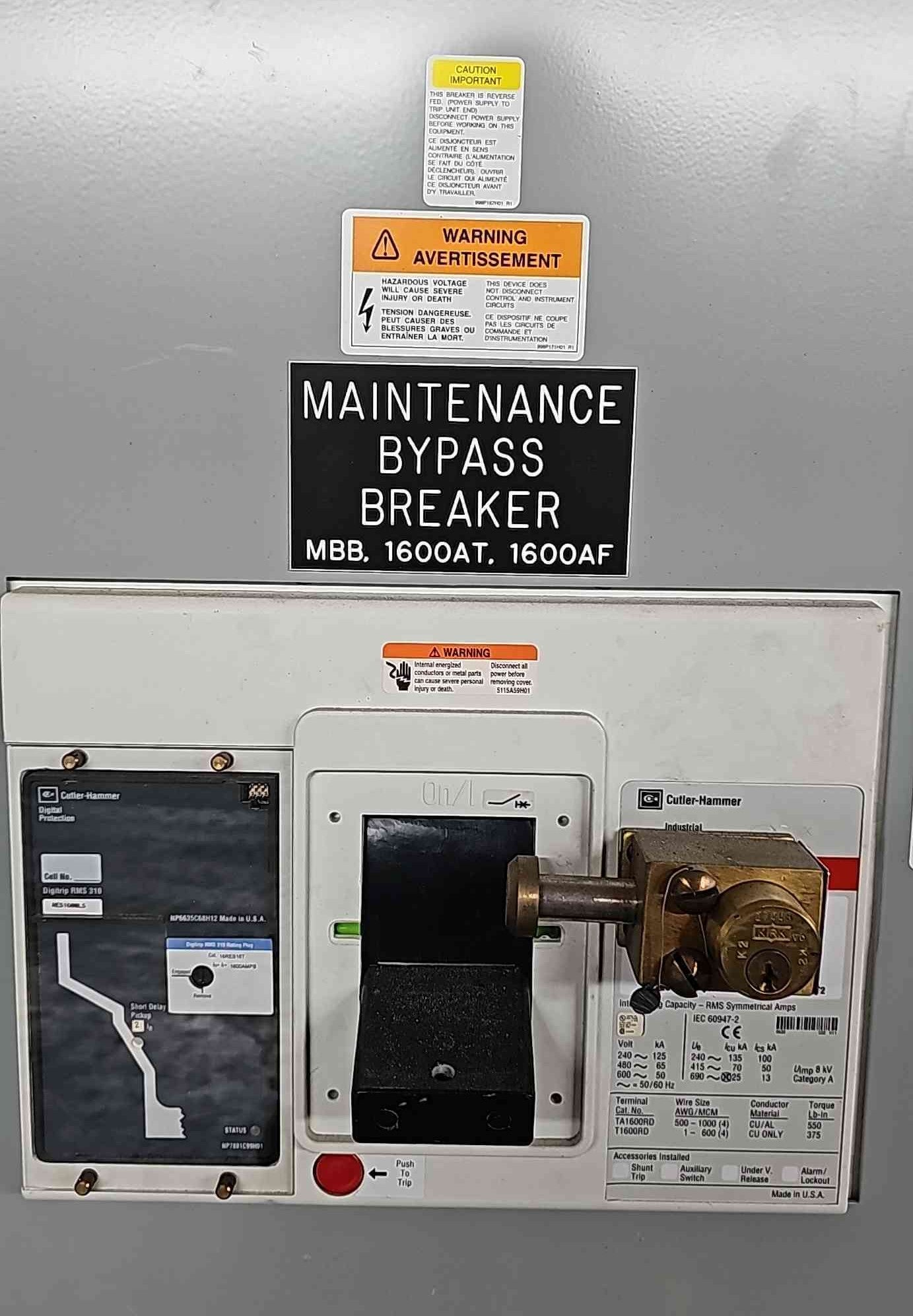 Eaton Cutler Hammer 1600A Switchboard 3x 1600 Amp RD Breakers UPS Bypass 480V