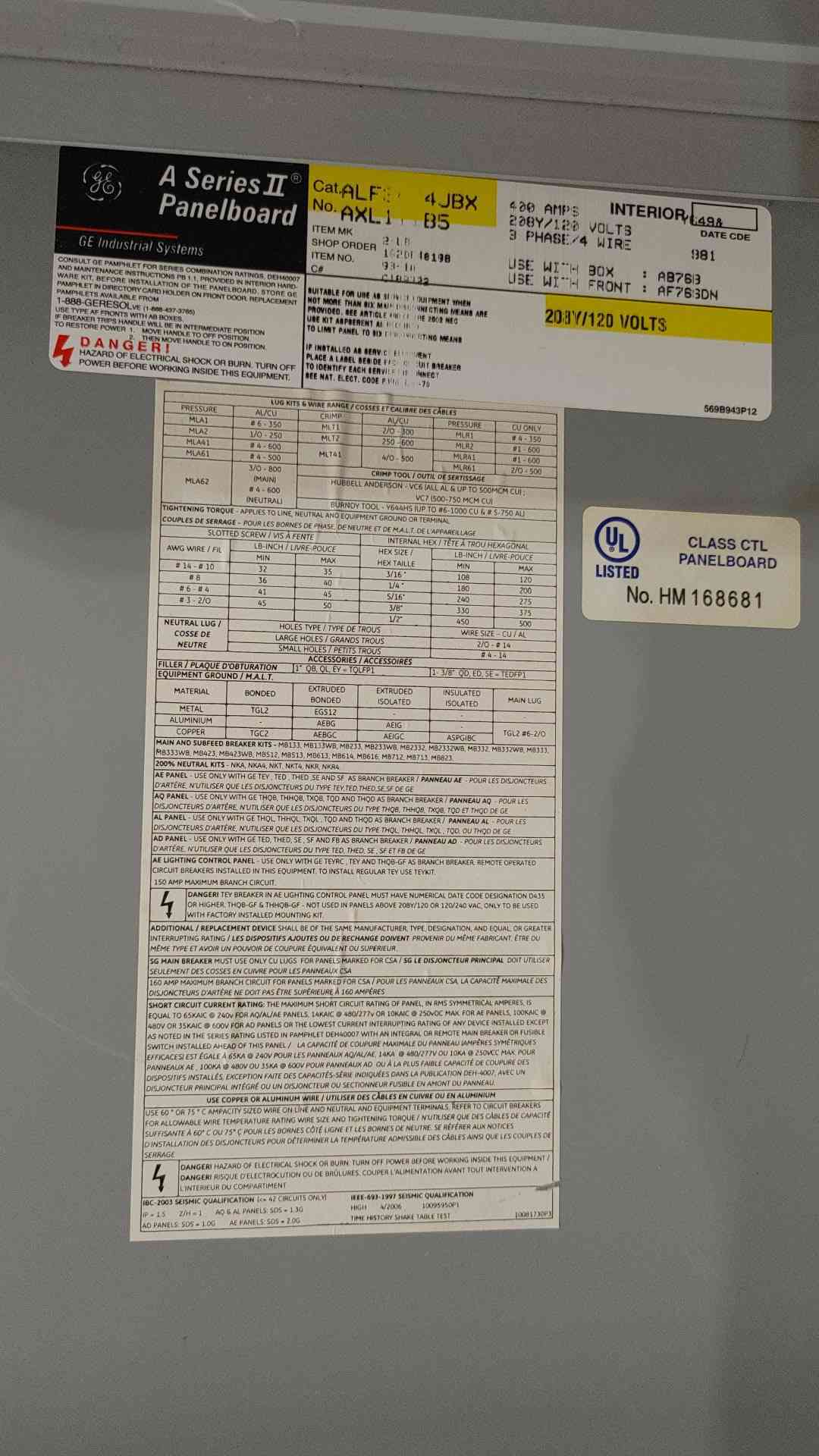 GE A-Series II 400A Panelboard 208Y/120V 3PH 42 Circuit 400 Amp Main 40x 20A Breaker
