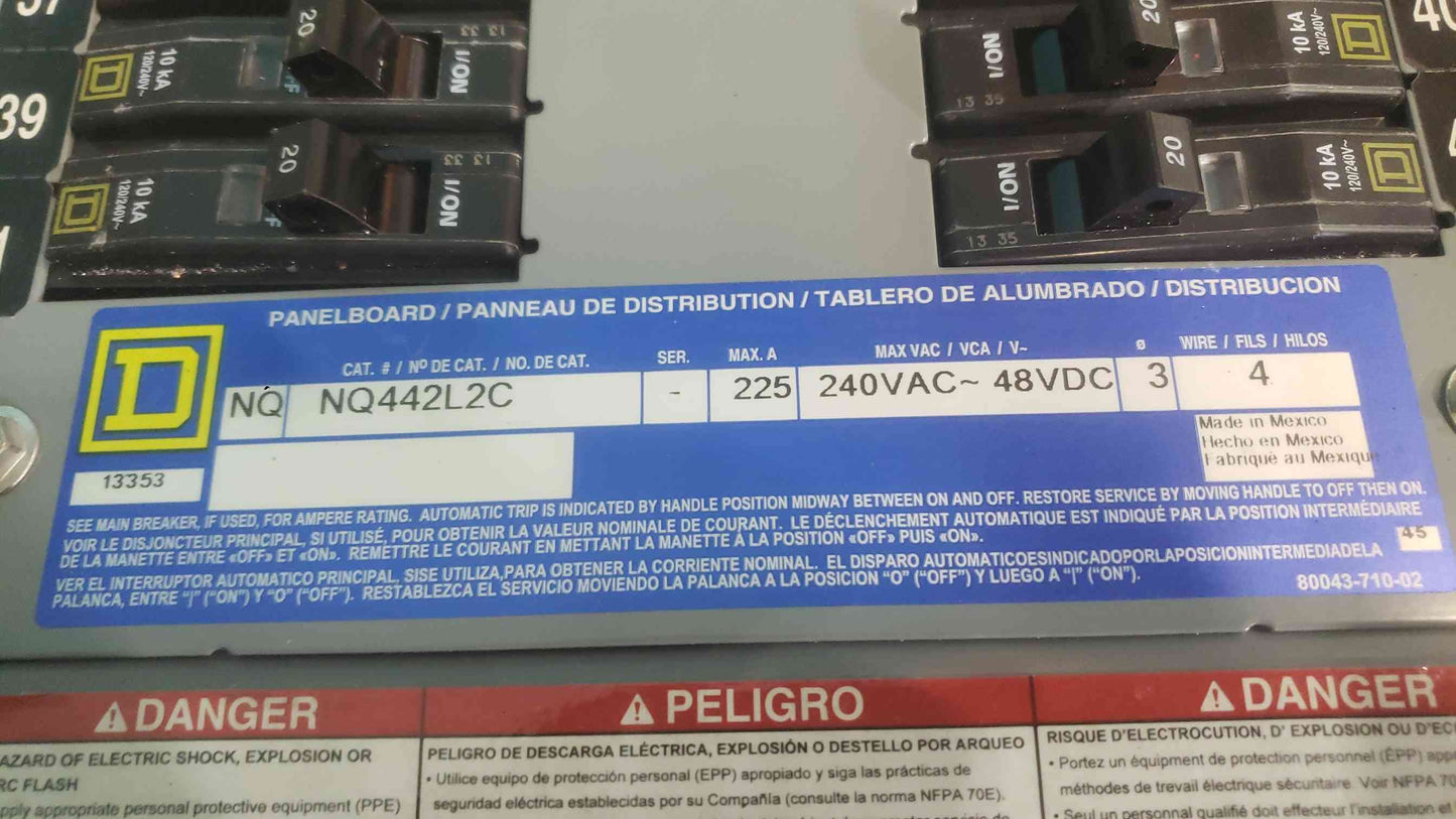 Square D NQ442L2C 225A 240V 3 Phase 42 Space Panelboard Enclosure 200A Main 20A
