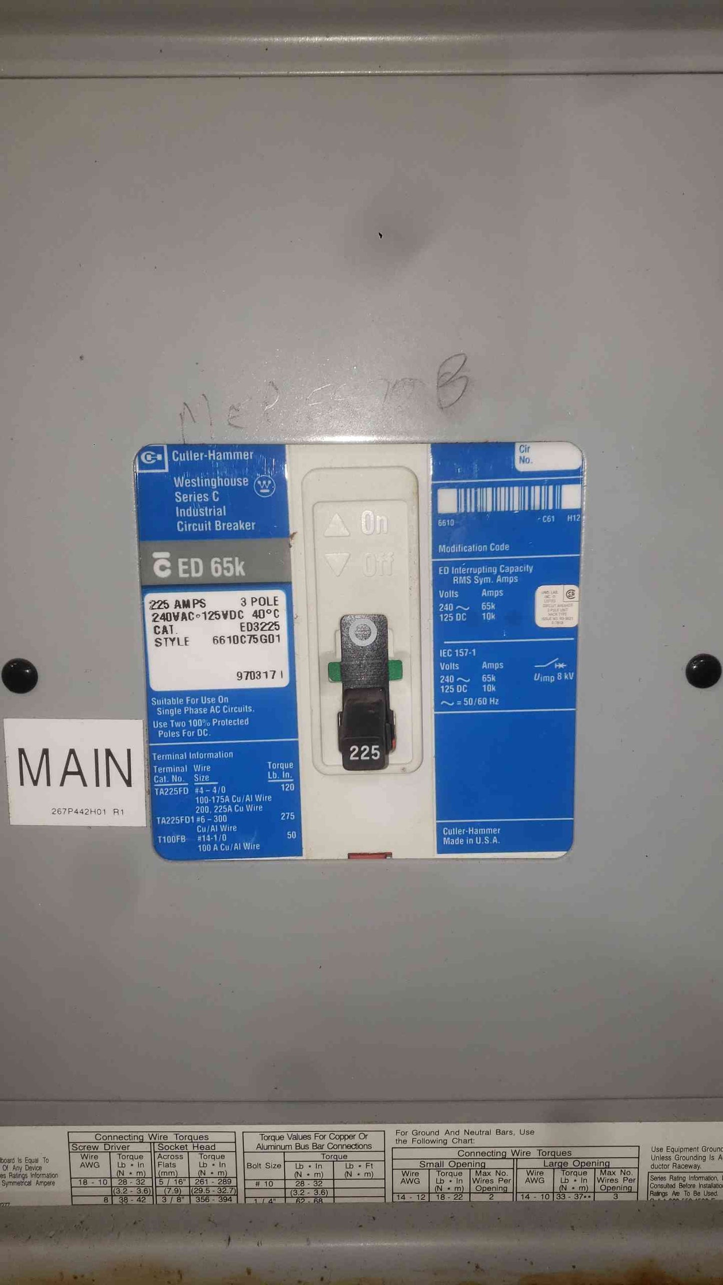 Cutler Hammer PRL1A 225A 240V 3 Phase Panelboard W/ ED3225 Main BAB Breakers