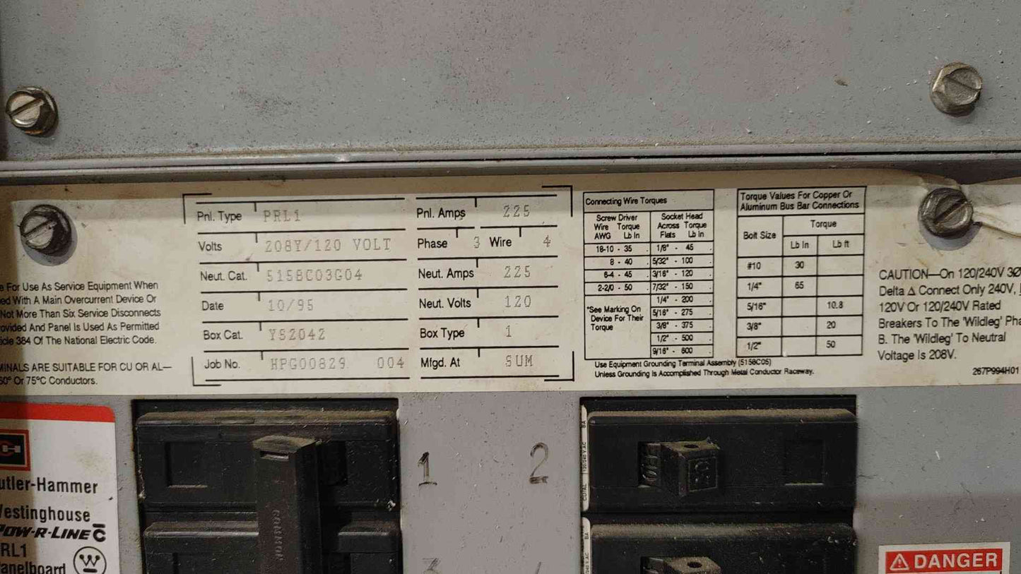 Cutler Hammer PRL1 225A 208Y/120V 3 Phase Panelboard W/ 225A Main & BAB Breakers