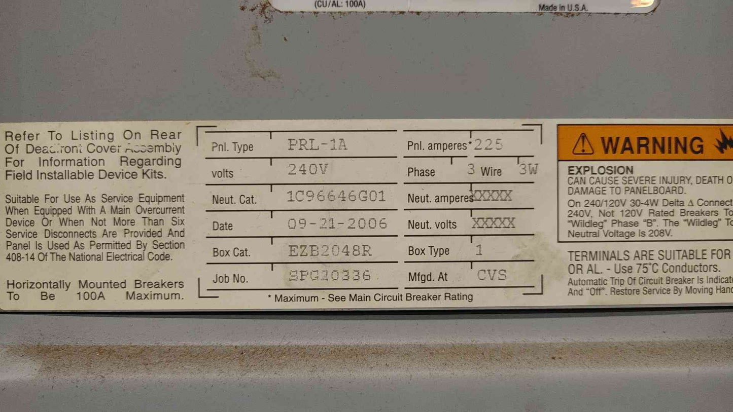 Eaton Cutler Hammer PRL1A 225A 240V 3 Phase Panelboard W/ ED3225 Main BAB Brand
