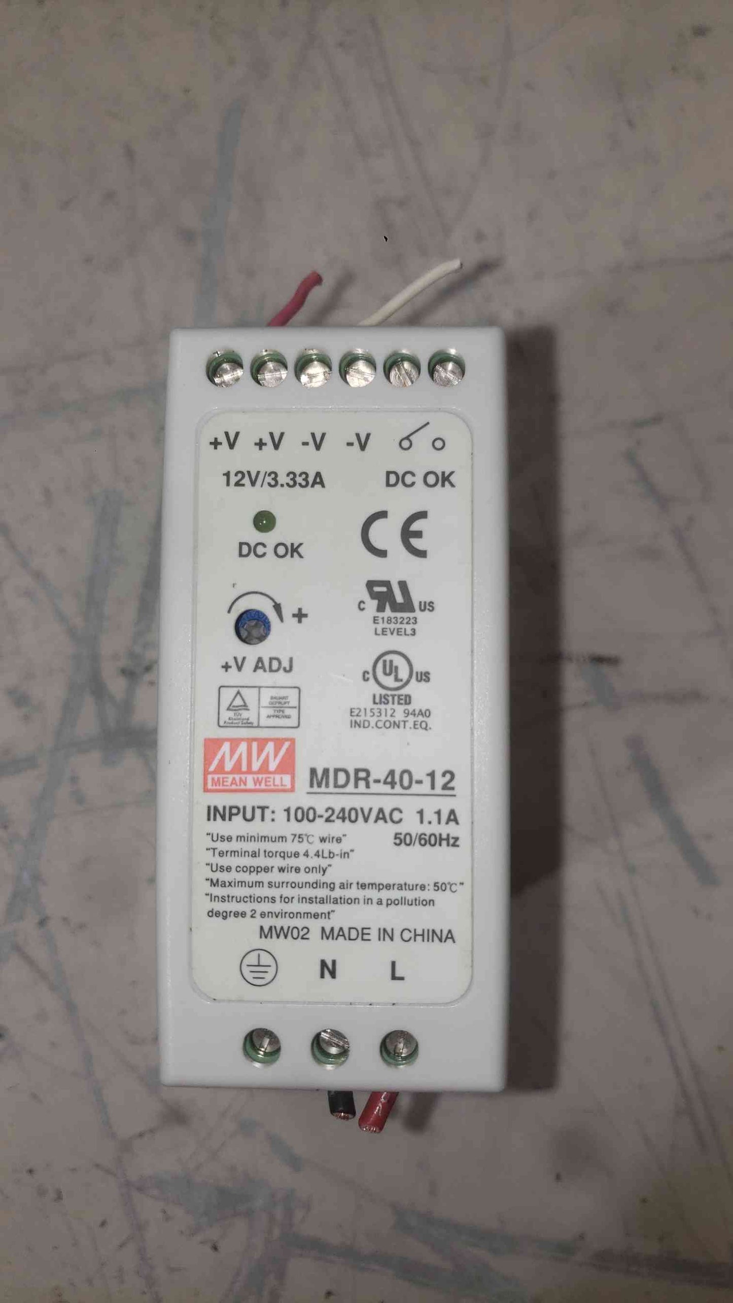 Mean Well MDR-40-12 DIN Rail Power Supply 12V 3.33A 40W 100-240VAC Industrial MW