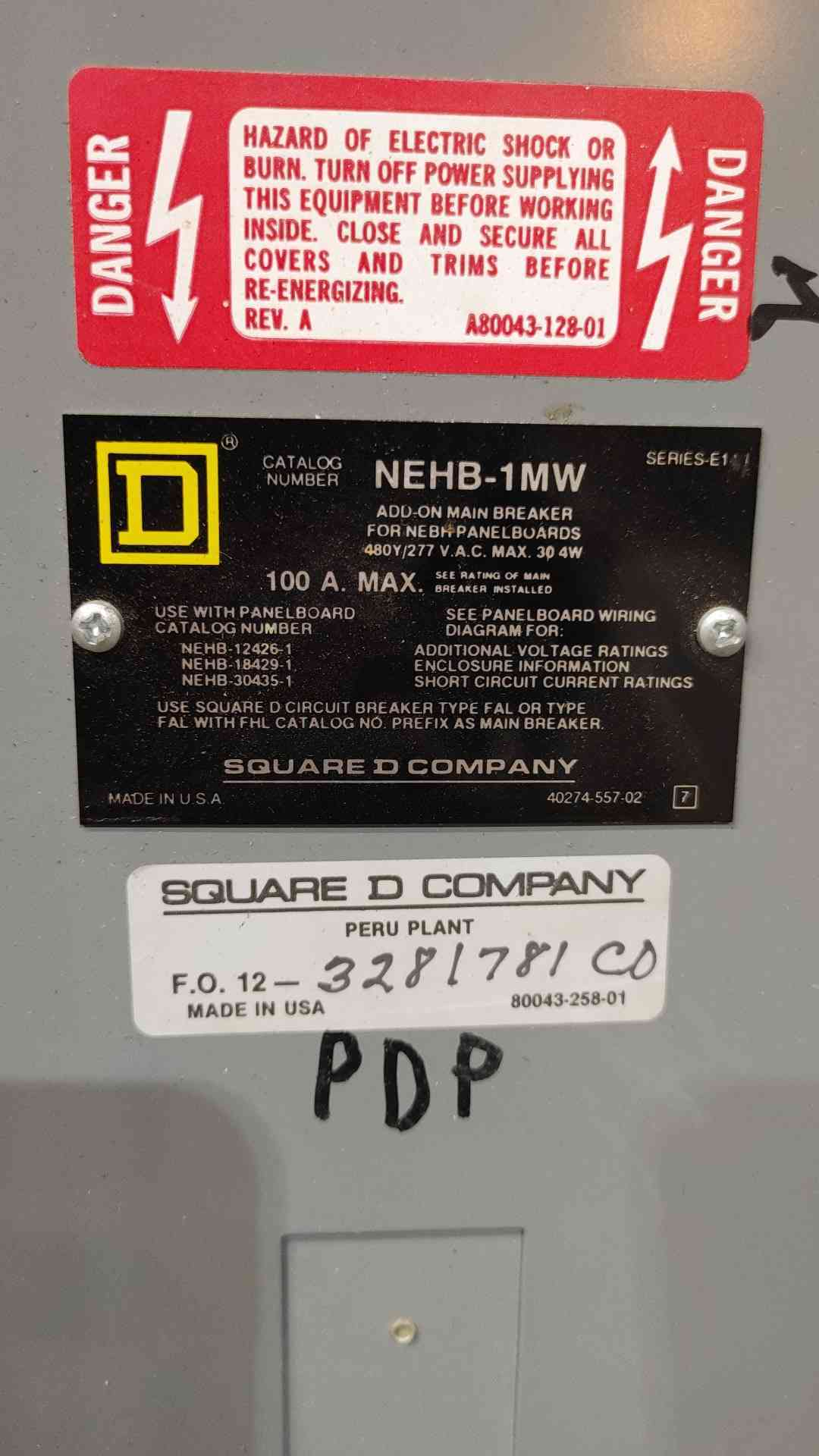 Square D NEHB Panelboard 125A 480V 3PH PDP 100A Main Breaker 2x 20A 3P