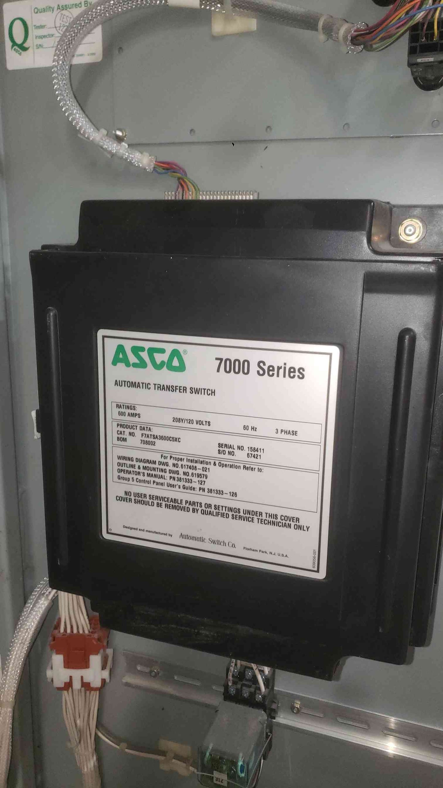 ASCO 7000 Series 600A Automatic Transfer Switch F7ATSA3600C5XC 208V 3PH ATS