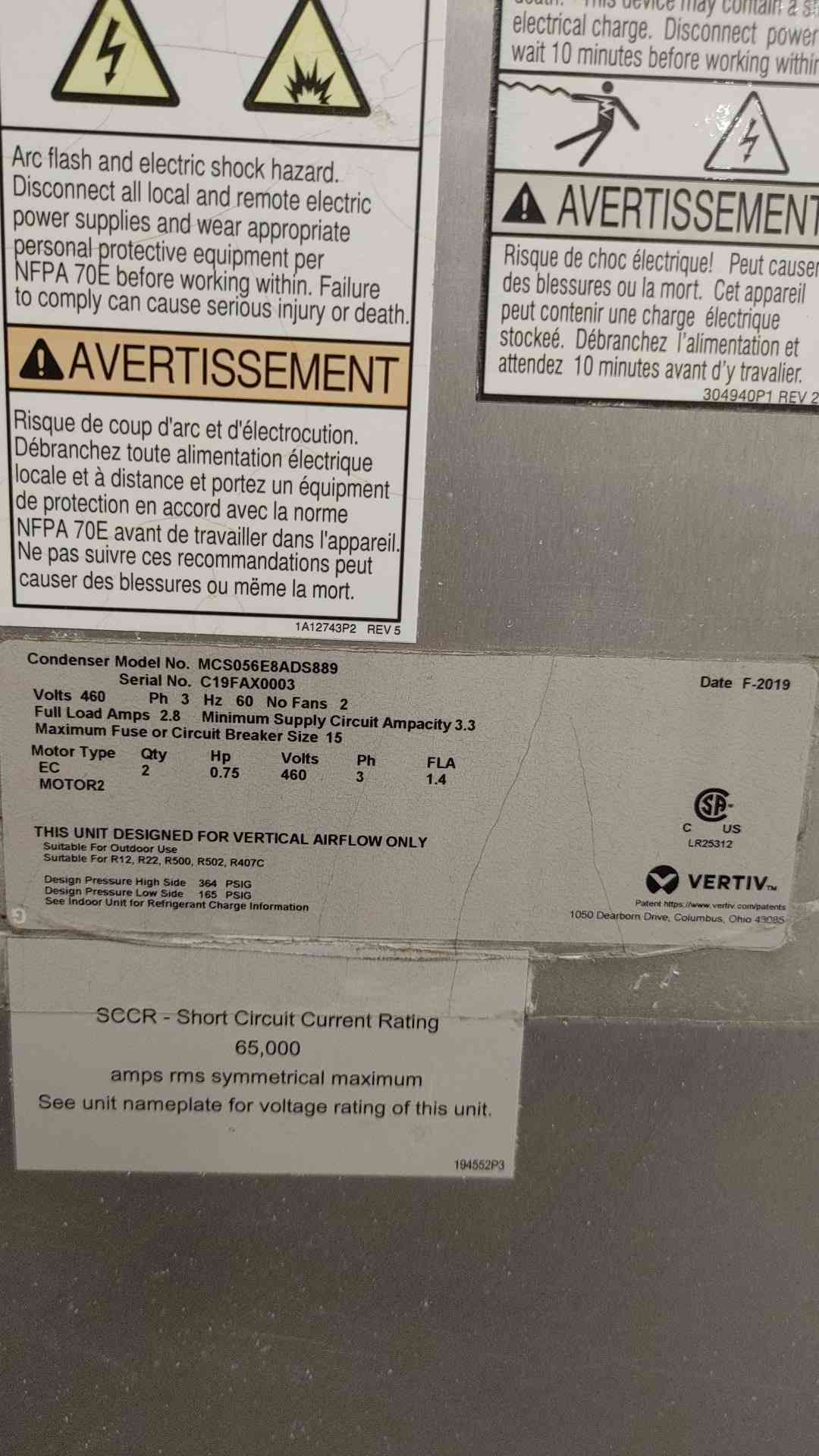 Vertiv Liebert 460V 3Ph Air Cooled Condenser MCS056E8ADS889 2x Ziehl Abegg EC Fan