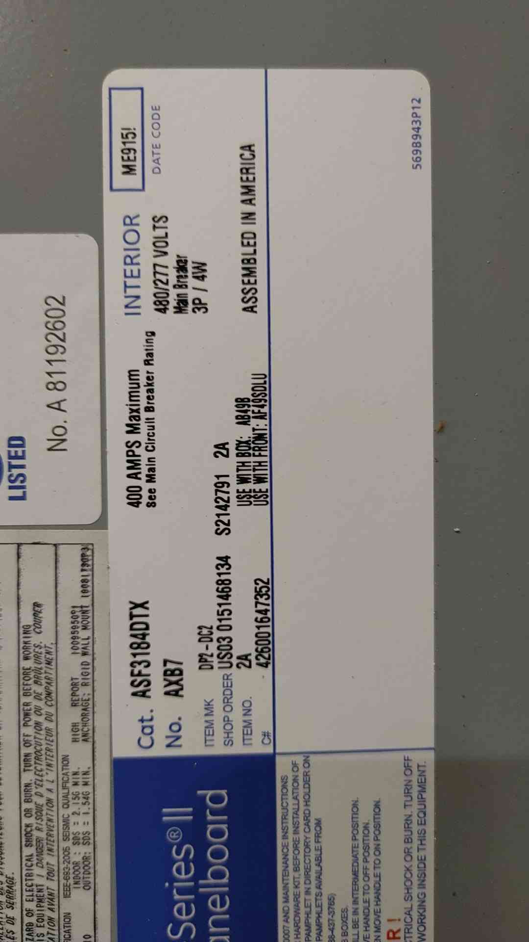 GE A-Series II 400A 480Y/277V 3 Phase Main Breaker Panelboard Loaded 5x TEY 90A