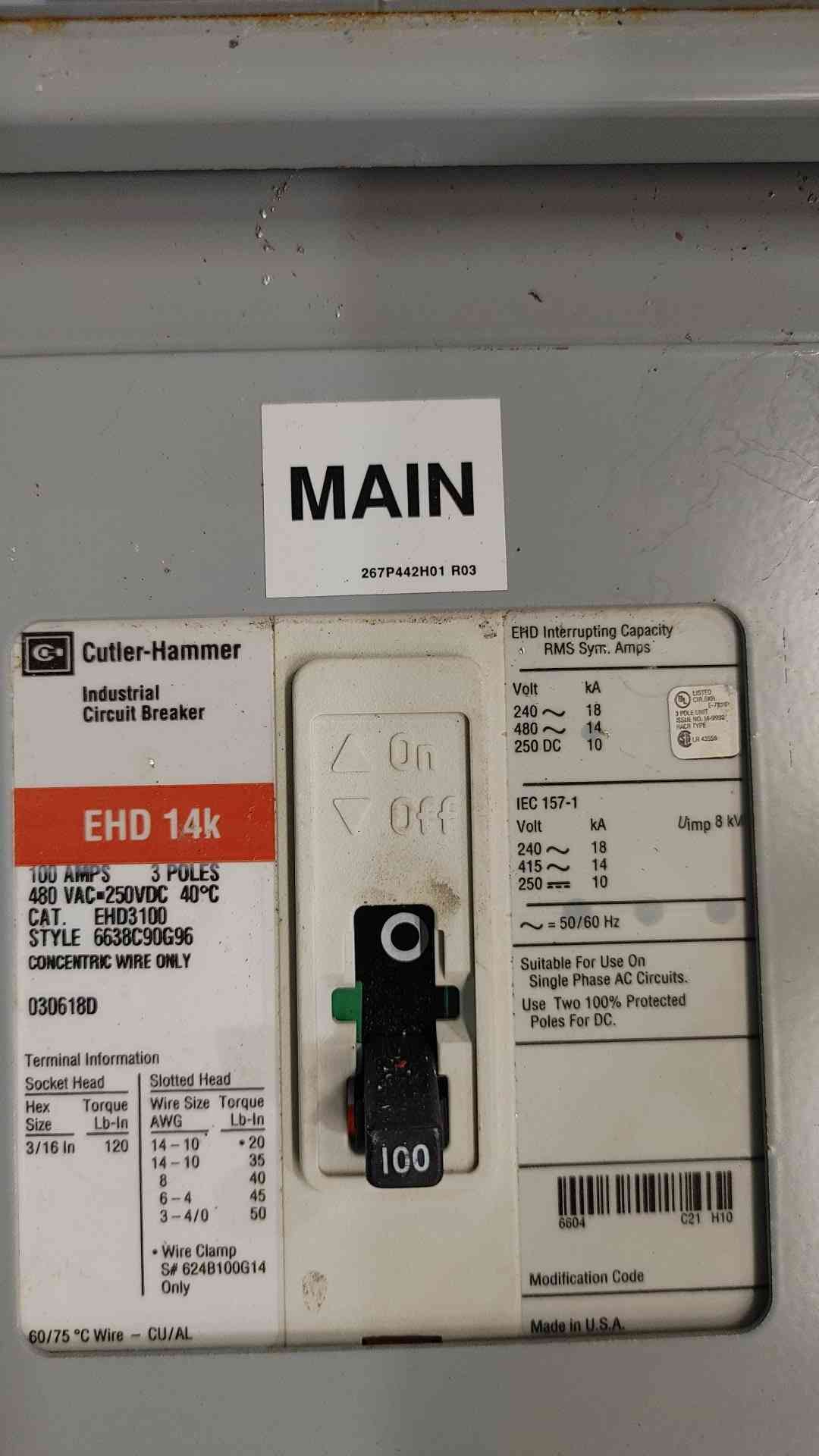 Eaton Cutler-Hammer PRL-1A Panelboard 100A 3PH Main 480V EHD3100 W/ 42x 20A GHB