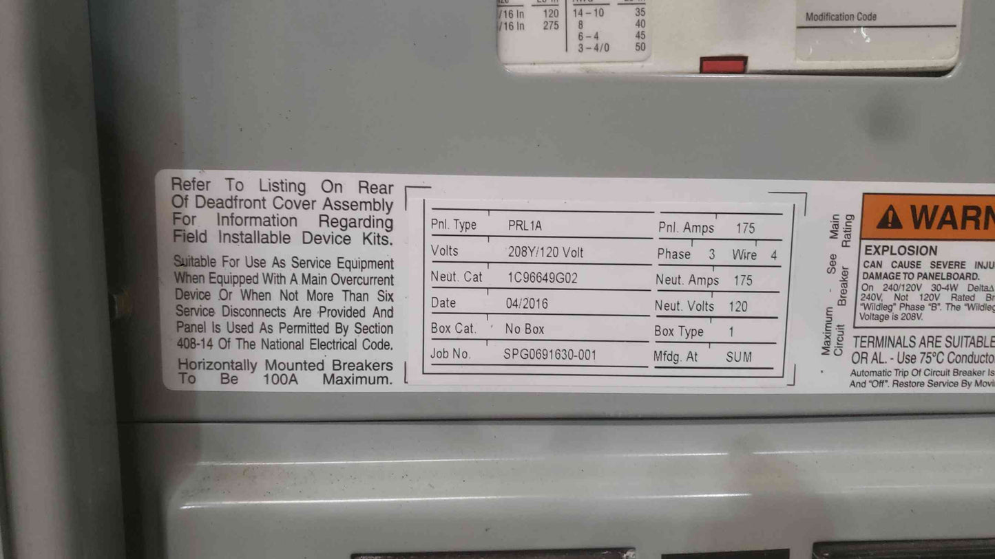 Eaton PRL1A 3 Phase Panelboard 175A Main EDB3175BP10 10x 30A 2P Breakers Enclosure