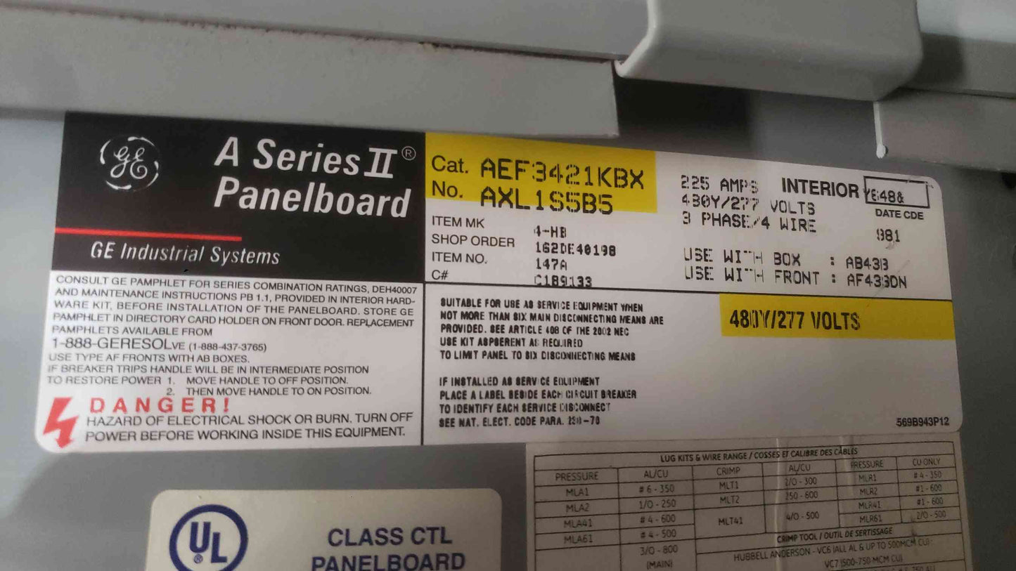 GE A-Series II 225A 480Y/277V 3 Phase Panelboard AEF3421KBX w/ 27x 20A Breakers