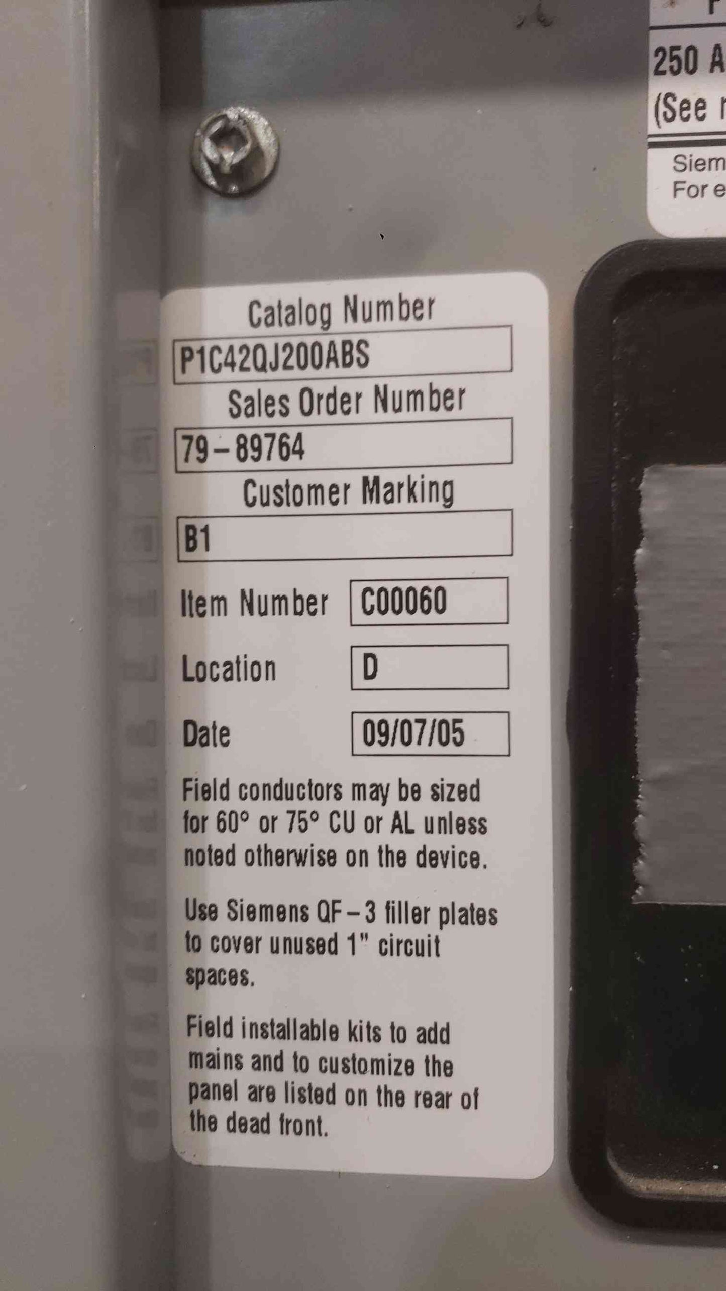 Siemens P1 3 Phase Panelboard 208Y/120V 200A Main P1C42QJ200ABS w/ 42x 20A Breakers