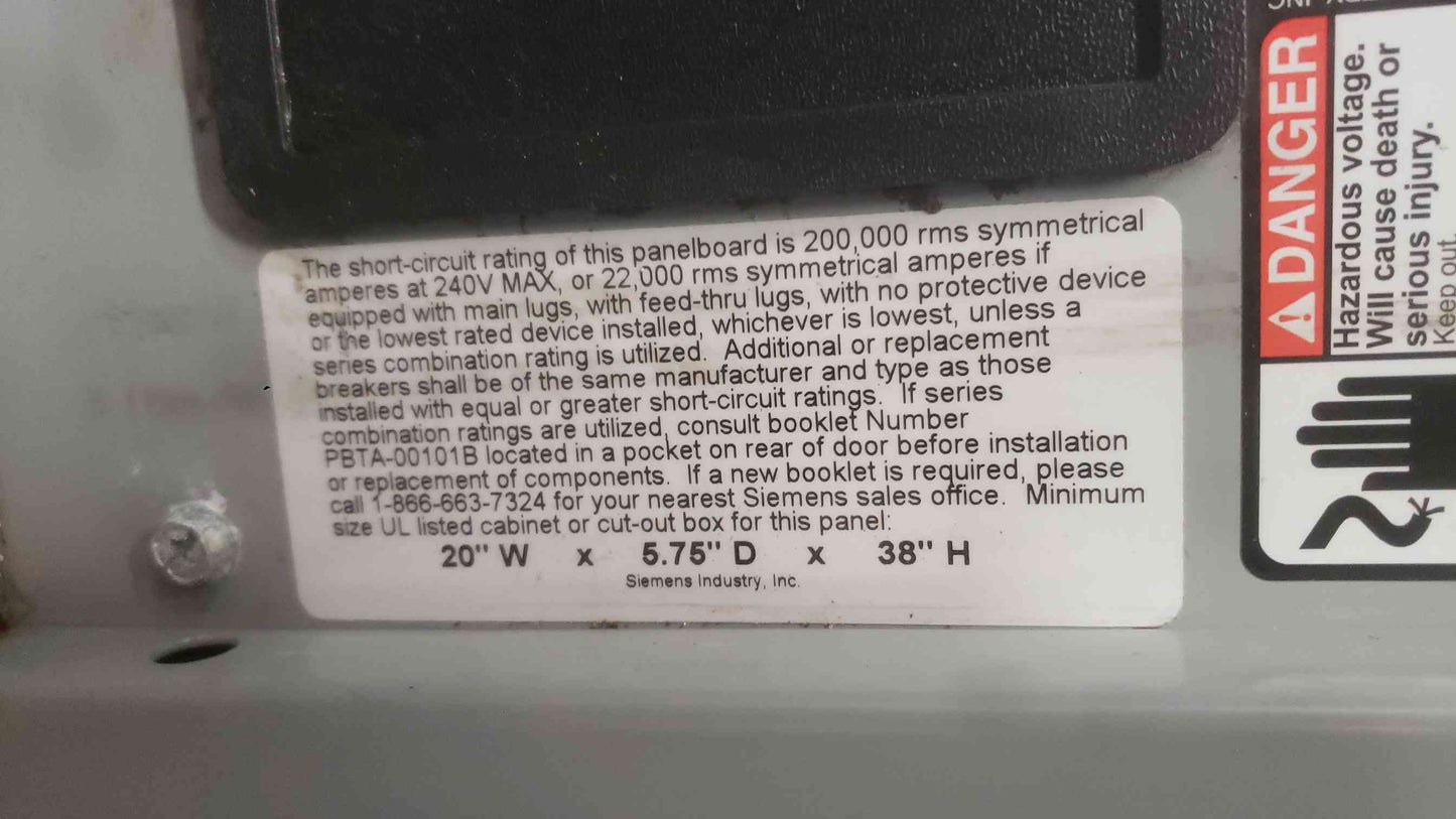 Siemens 250A 208Y/120 3PH 4W 100A Main P1C30BL100ATST 24x 20A Breakers