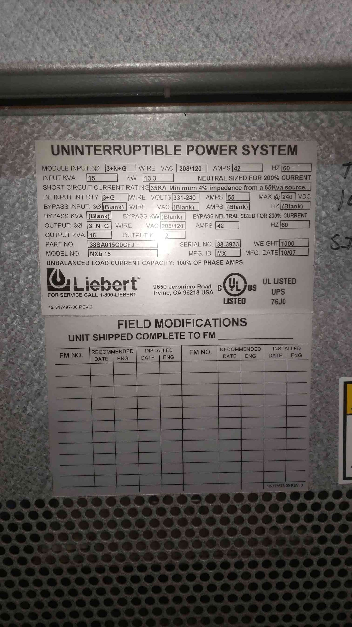 Liebert NX 15kVA 3 Phase Tower UPS Uninterruptible Power System Emerson NXb 15