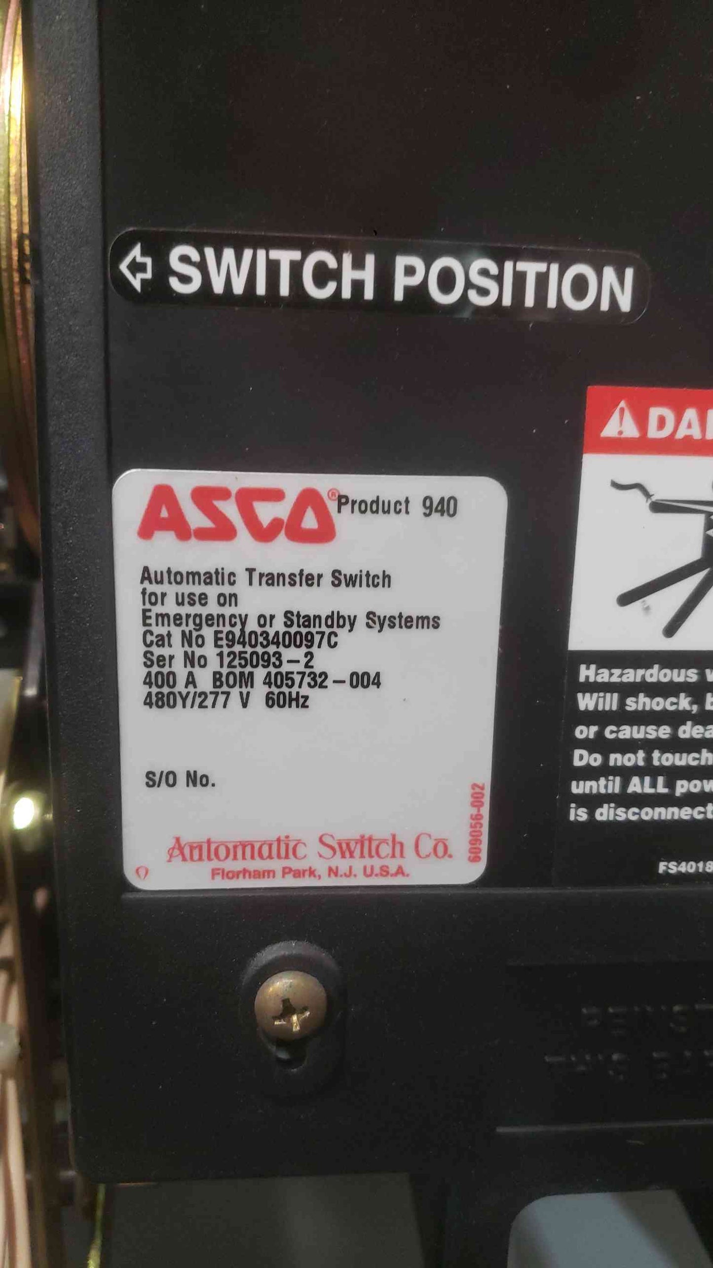 ASCO 940 Automatic Transfer Switch 400 Amp 480Y/277V 3 Phase ATS E940340097C