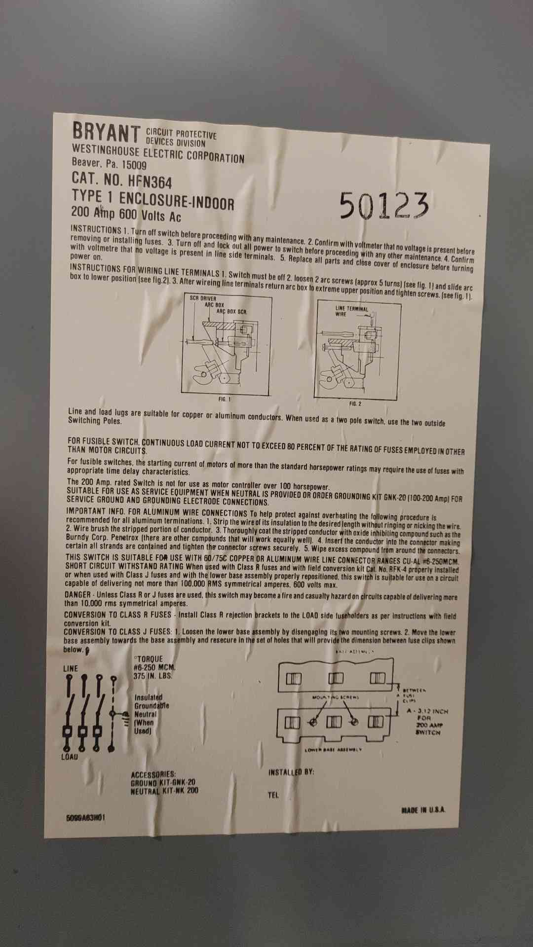 Westinghouse HFN364 200A 600V 3-Pole Fusible Safety Switch Disconnect w Fuses