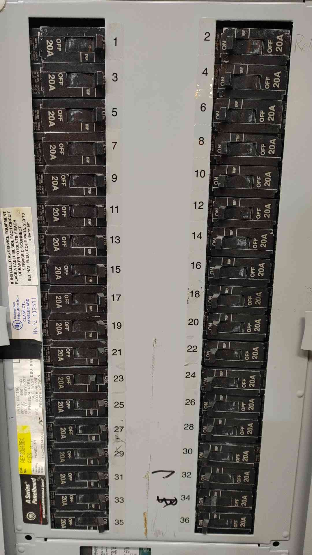 GE AEF3364BBX 400A 480Y/277V 3PH Panelboard 36x TEY 20A 1P & THED 150A Breakers