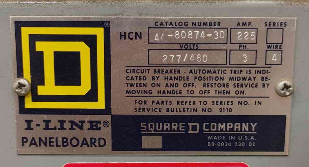 Square D HCN I-Line Panelboard 225A 277/480V 3PH 4W Loaded With Breakers Panel