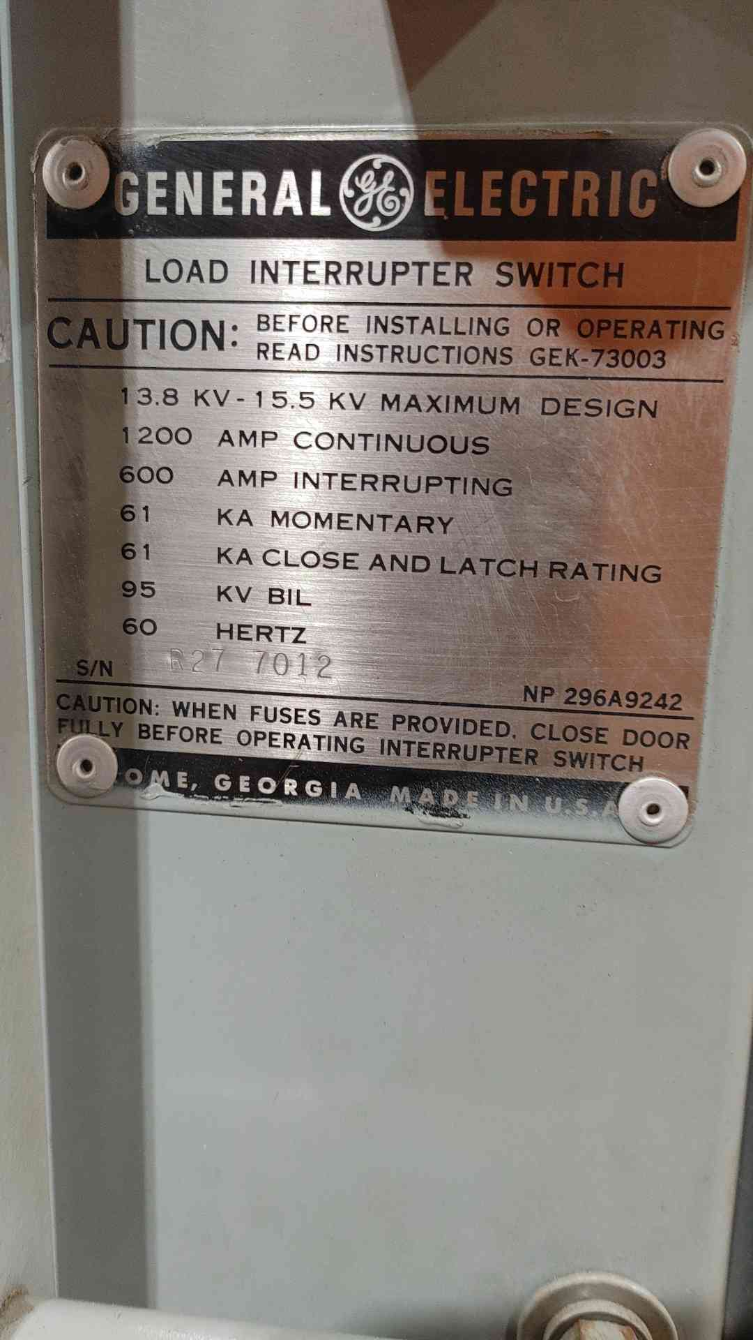 GE 15kV Load Interrupter Switch 13.8kV 15.5kV 1200A Medium Voltage Switchgear