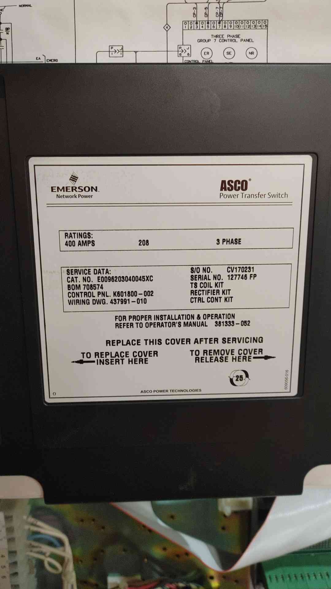 ASCO 7000 Series 400A 208V 3PH Bypass Isolation Transfer Switch E0096203040045XC