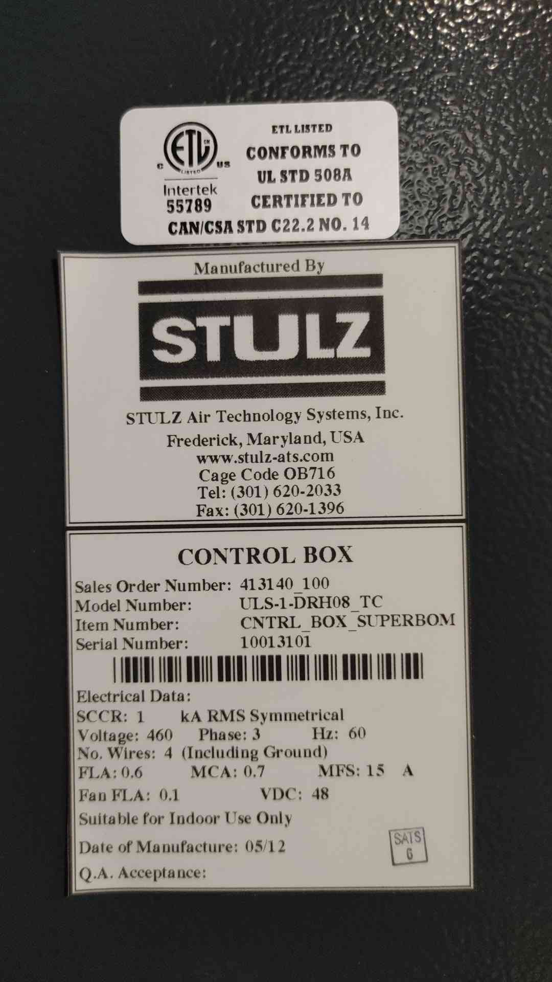 STULZ ULS-1-DRH08_TC Ultrasonic Humidifier HVAC Control Box Panel 460V 3Ph 48V