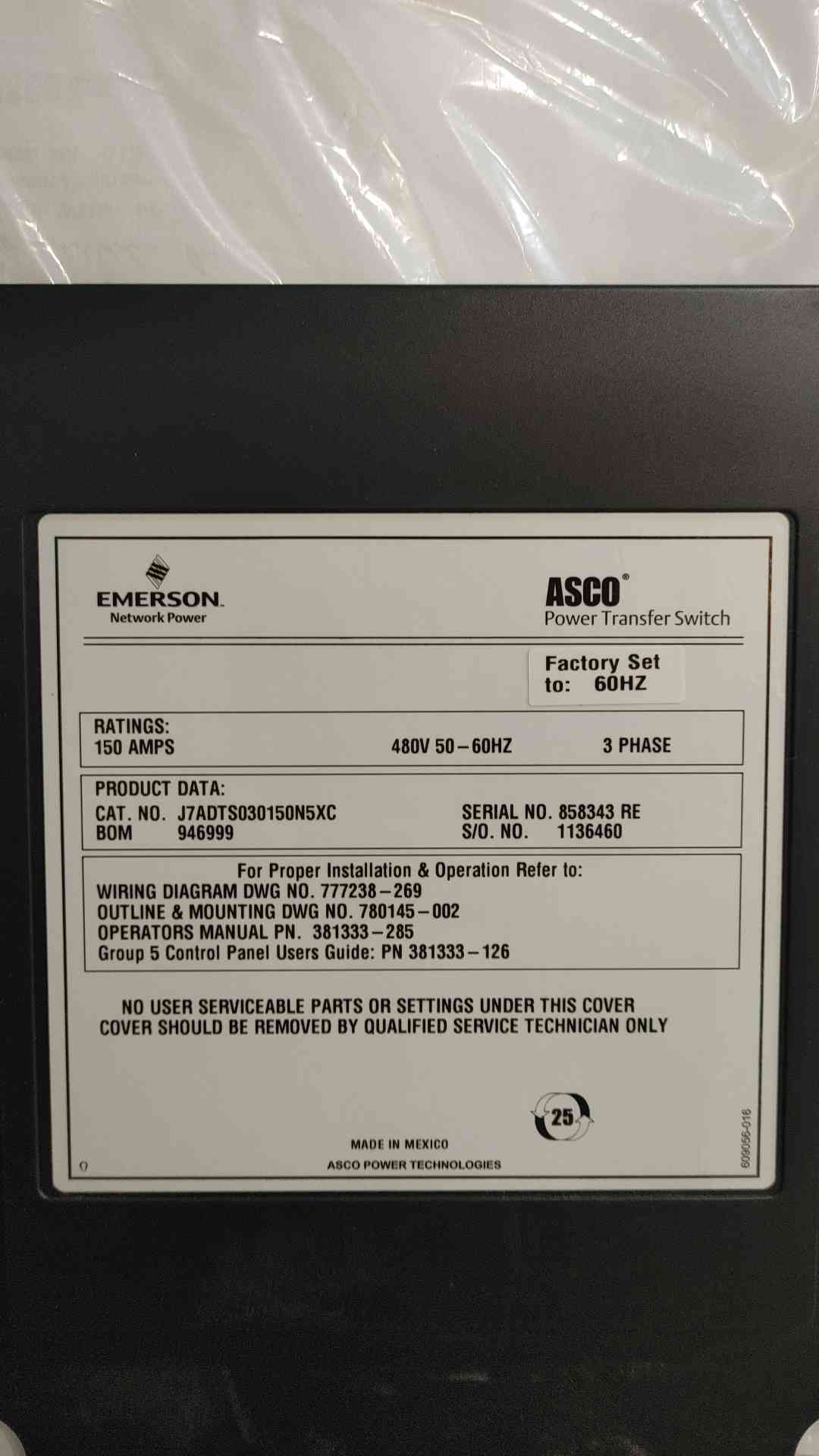 ASCO 7000 Series 150A Automatic Transfer Switch 480V 3Ph ATS J7ADTS030150N5XC
