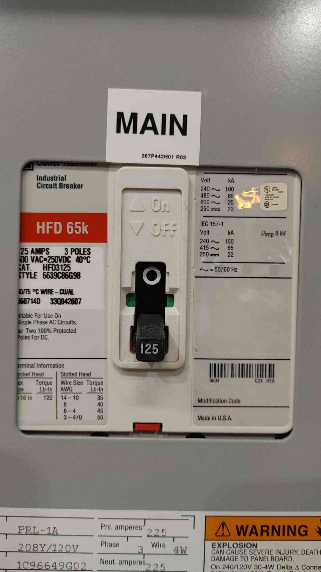 Eaton Cutler-Hammer PRL1a Panelboard 225A 208Y/120V 3PH Loaded W Breakers 125A